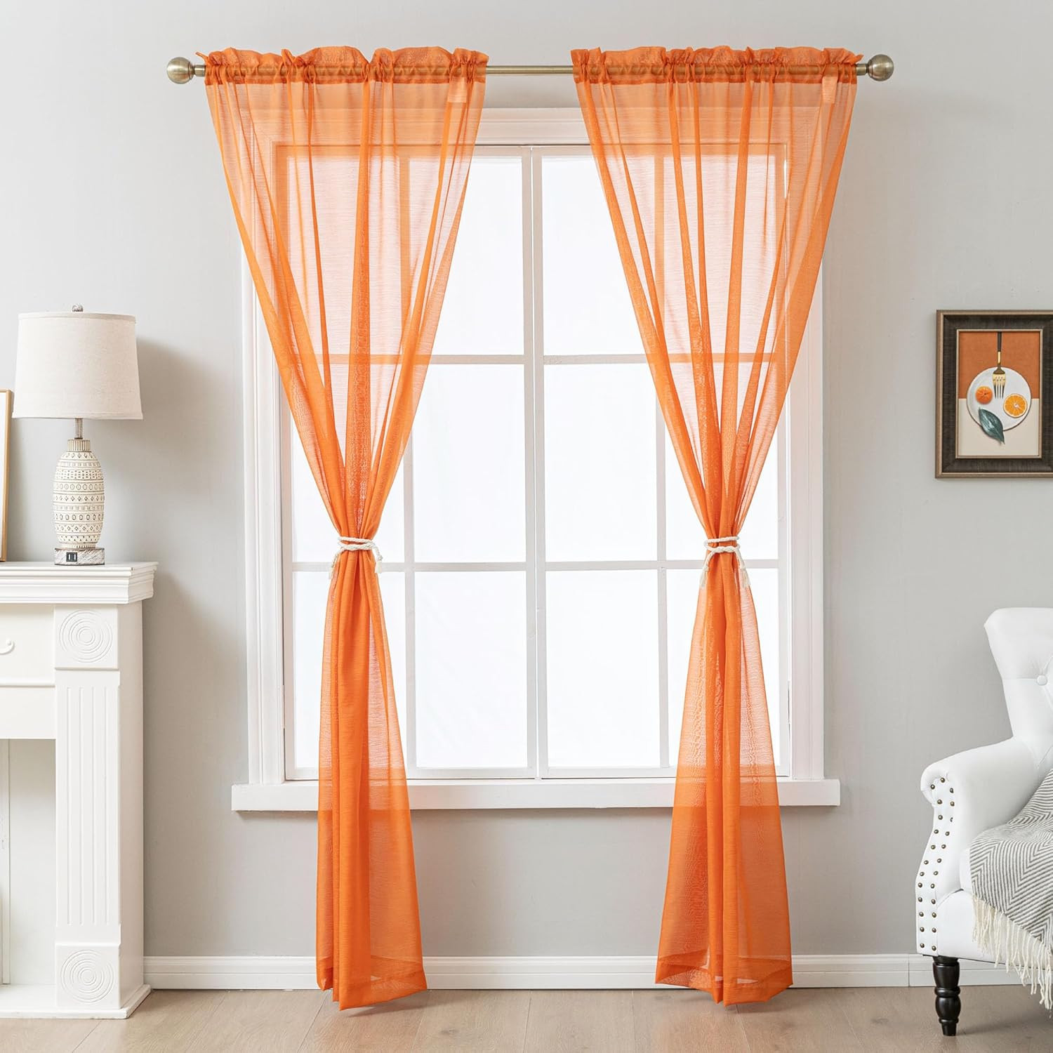 Orange Sheer Curtains 84 Inches Long, Privacy Semi Sheer Curtains for Living Roo