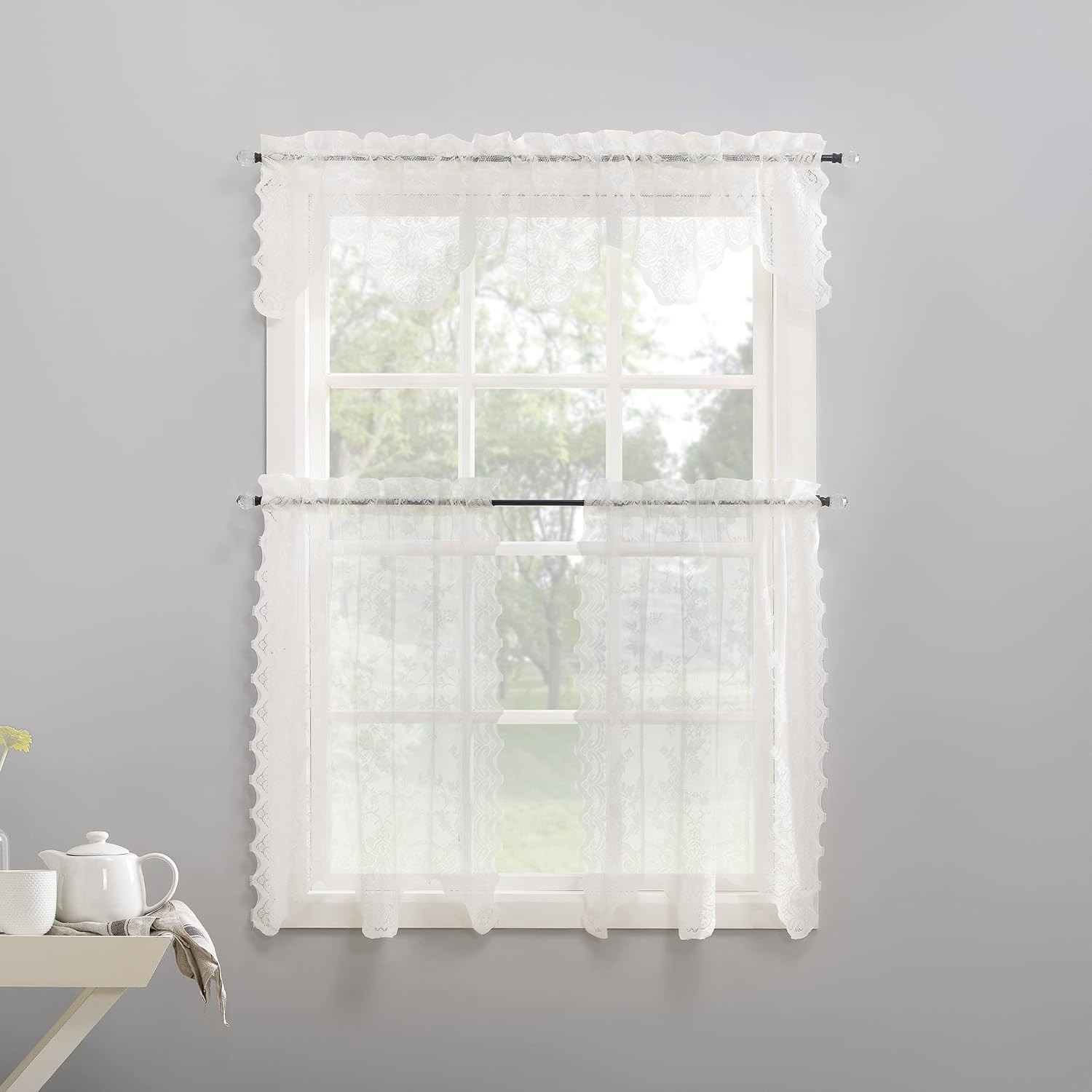 Ivory Floral Lace Sheer Curtain Pair, 58″ x 36″, Light Filtering Kitchen Drapes