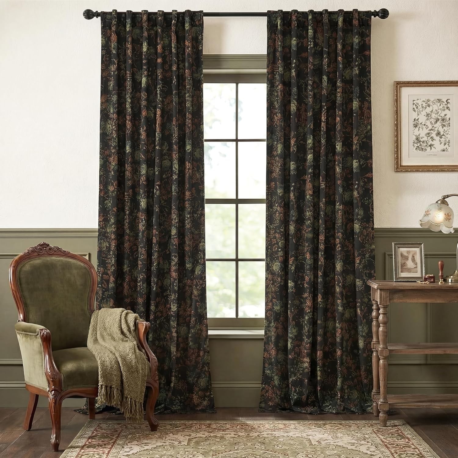 Back Tab Floral Velvet Curtains – Luxury Room Darkening Black Print Window