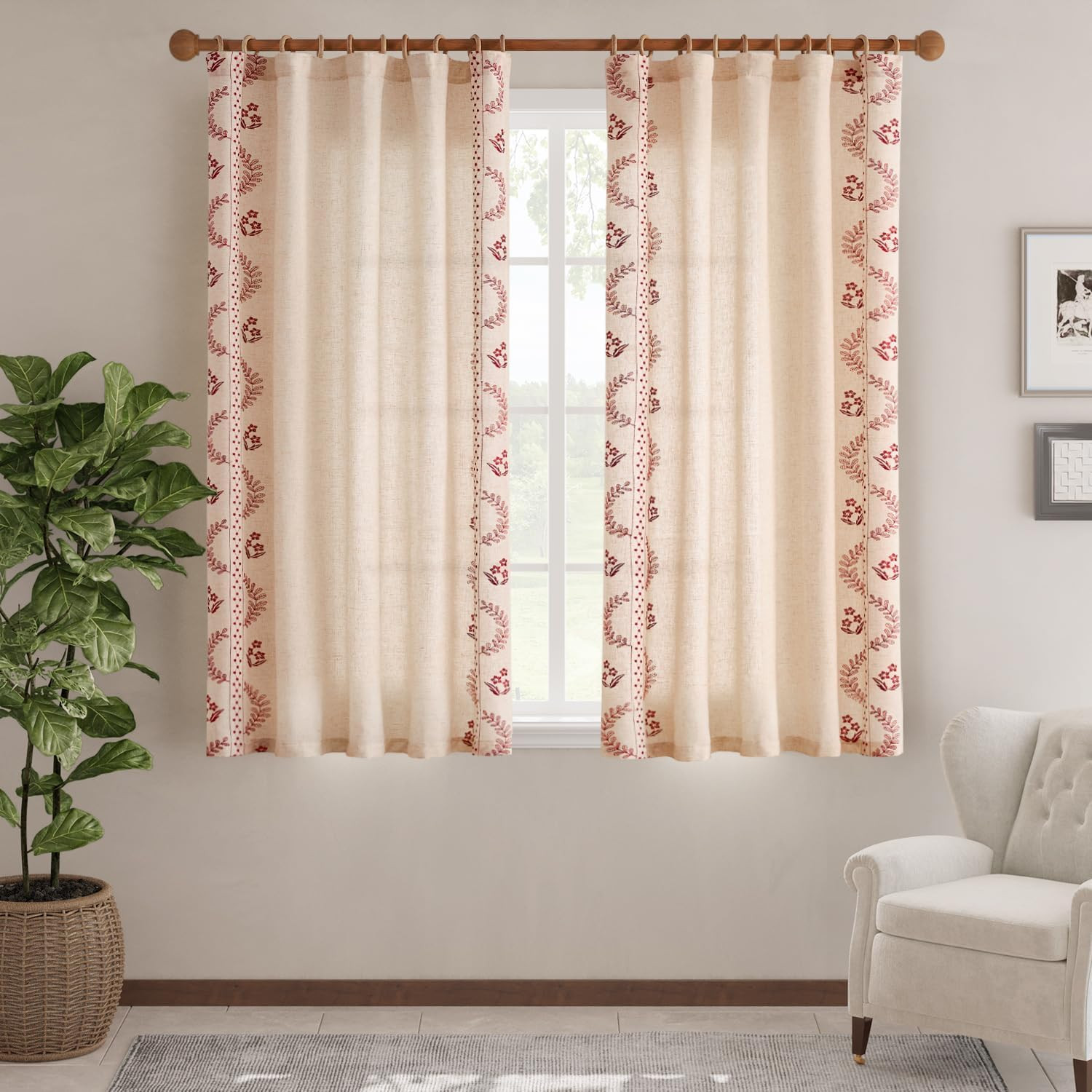 jinchan Belrose Linen Curtains for Bedroom Floral Curtains 63 Inch Length Linen