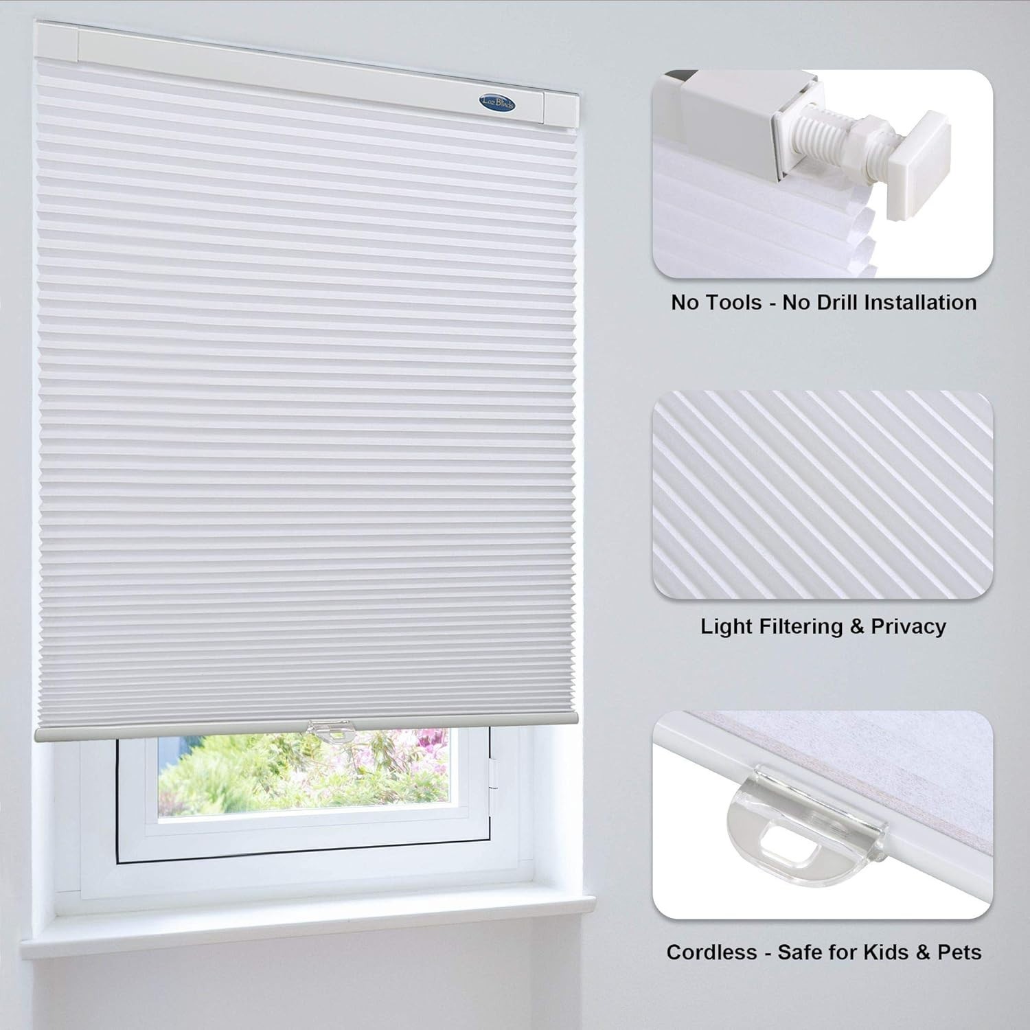 LazBlinds Cordless Cellular Shade, No Tools No Drill White, 32″ W x 48″ H