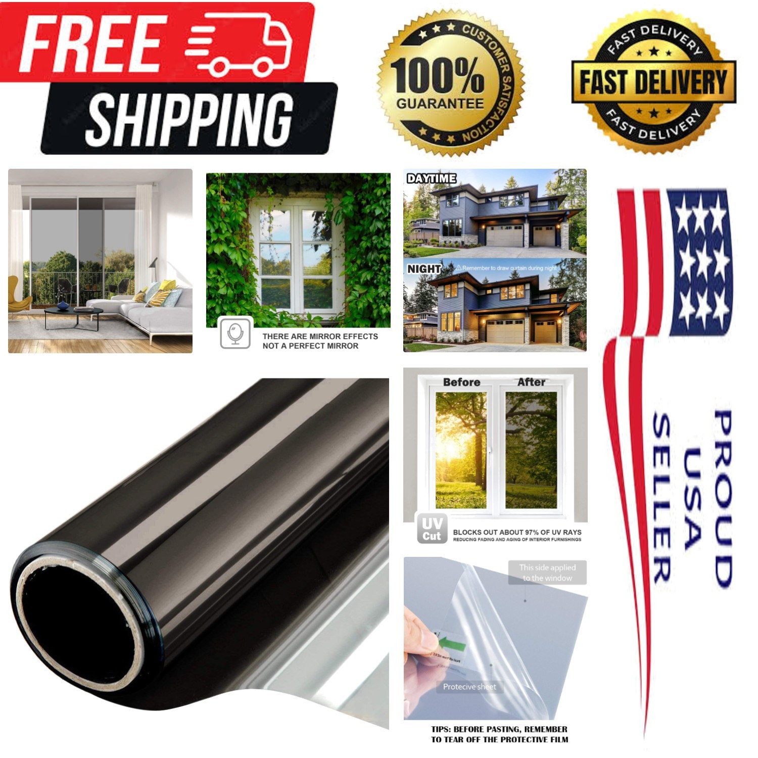 Black Silver Window Film – Static Cling Privacy Tint, 97% UV Protection 6 Mil