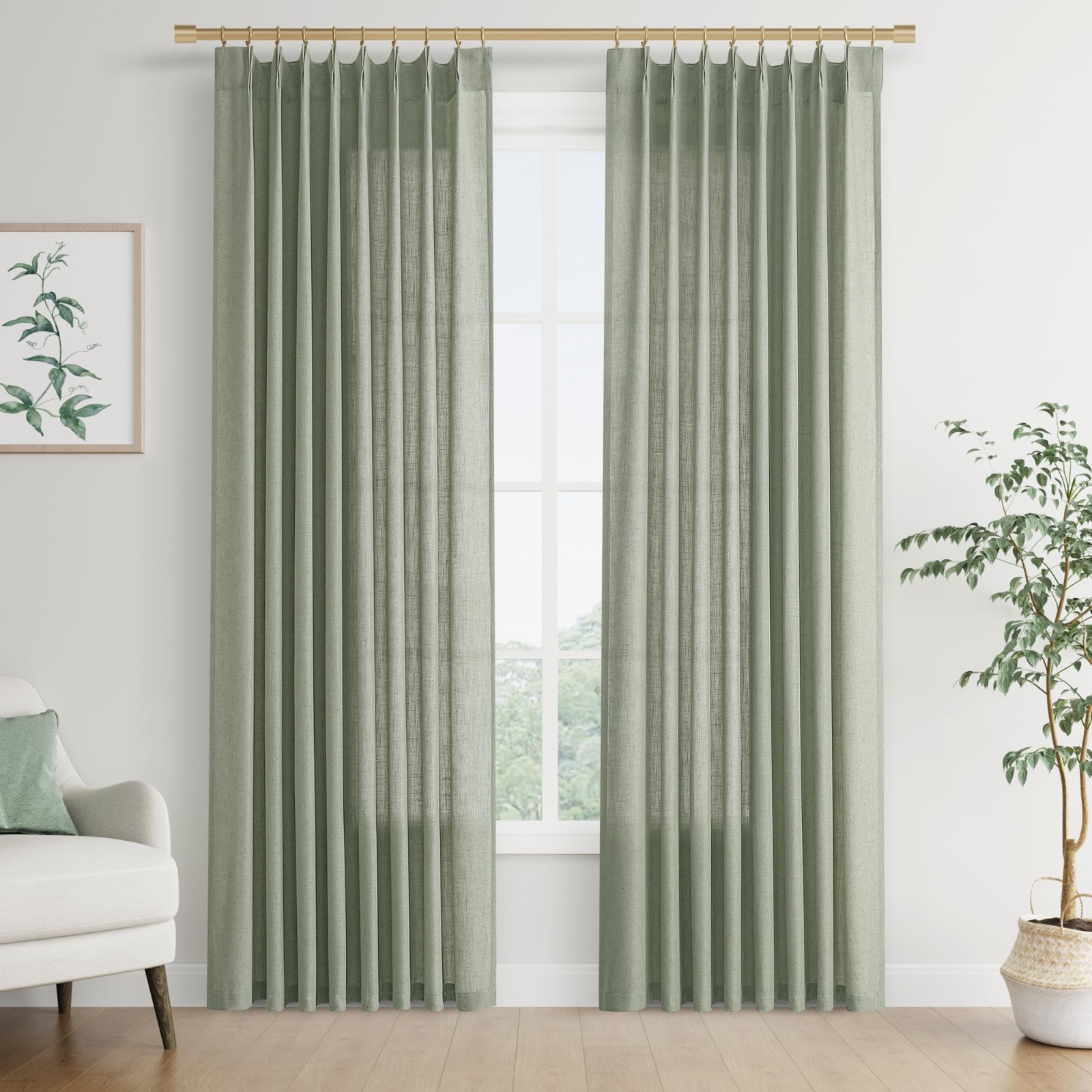 Joywell Sage Green Textured Linen Pinch Pleated Curtains 50 x 94 In