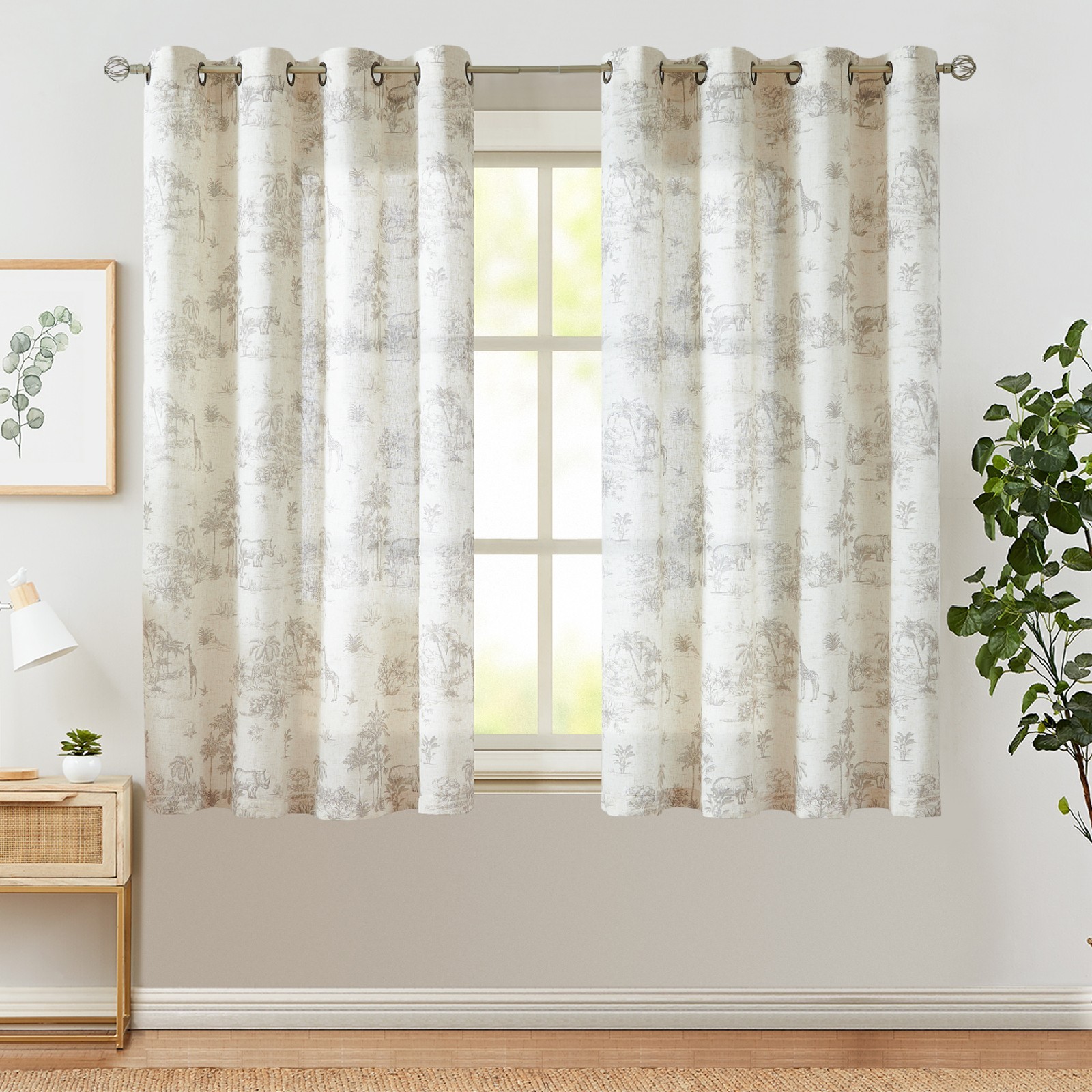 84 ” Long French Country Curtains Toile Printed Linen Sheer Drapes Grommet Grey