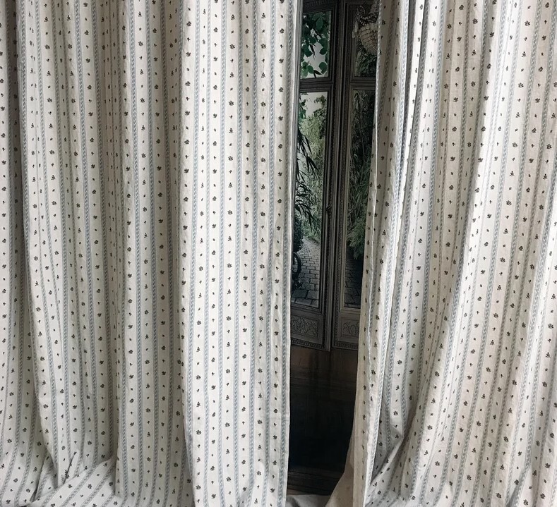 Modern Vintage Handmade Grayish Blue Vertical Stripes Tiny Floral Beige Curtain