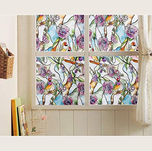 Stained Glass Window Film – 35″x118″, 35 Inx118 In Flower & Bird Pattern