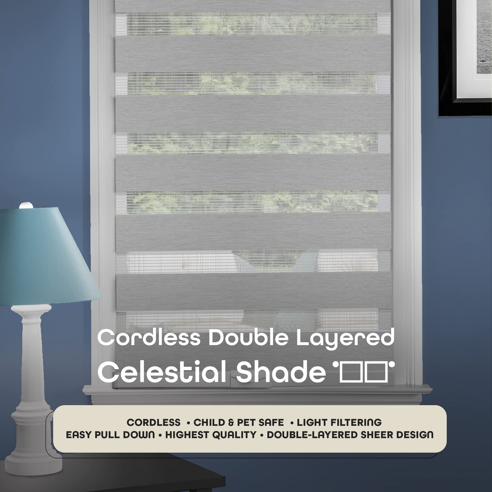Cordless Celestial Sheer Double-Layered Window Roller Shade – 34 Inch Width x 72