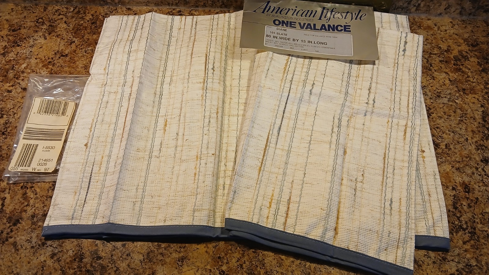 Burlington Valance Rod-Pole Top 80″x15″ Cream Texture Fabric w/Vertical Blu-Brwn