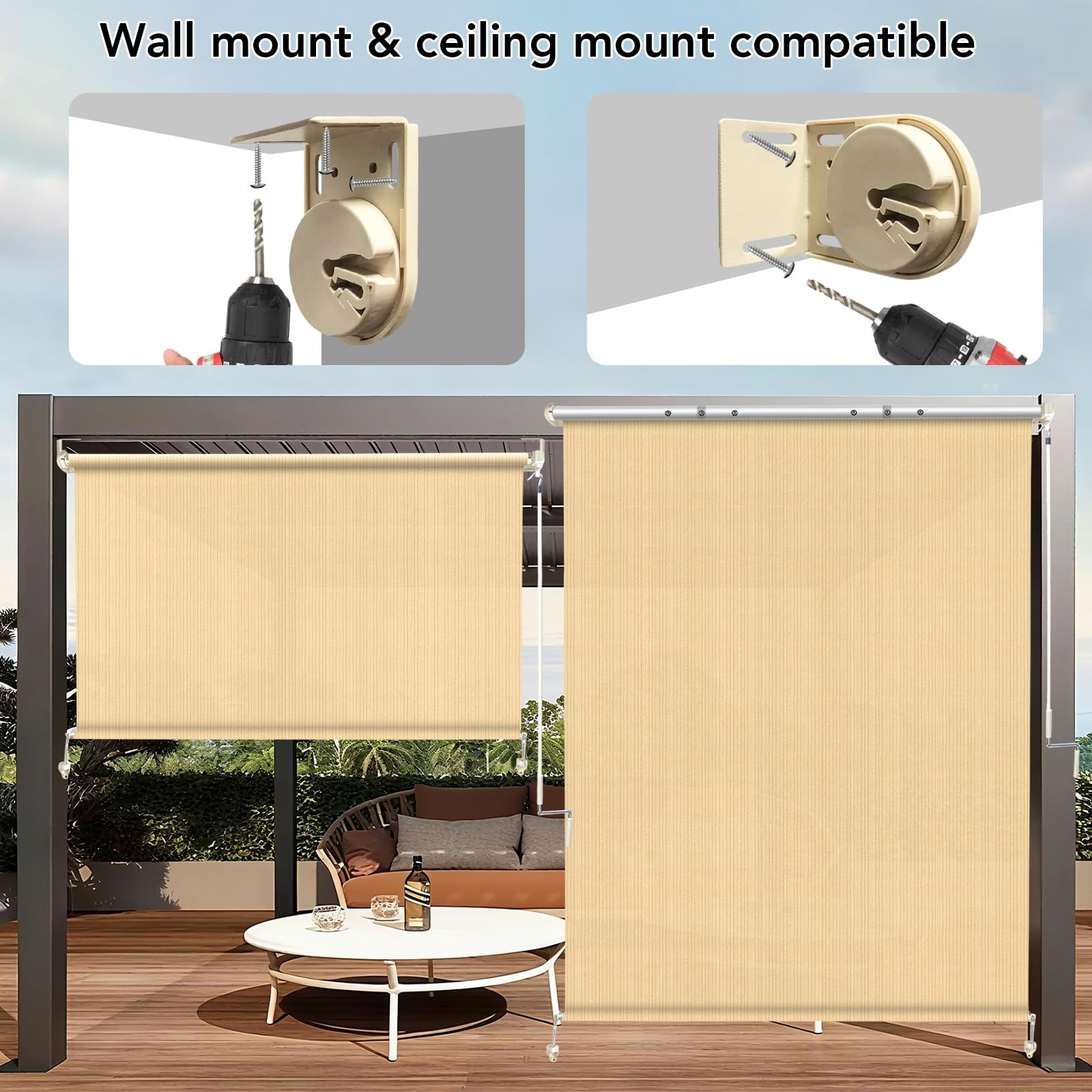 KANAGAWA 8′(W) x6′(H) Sesame Outdoor Roller Shade – Cordless Exterior Roll Up