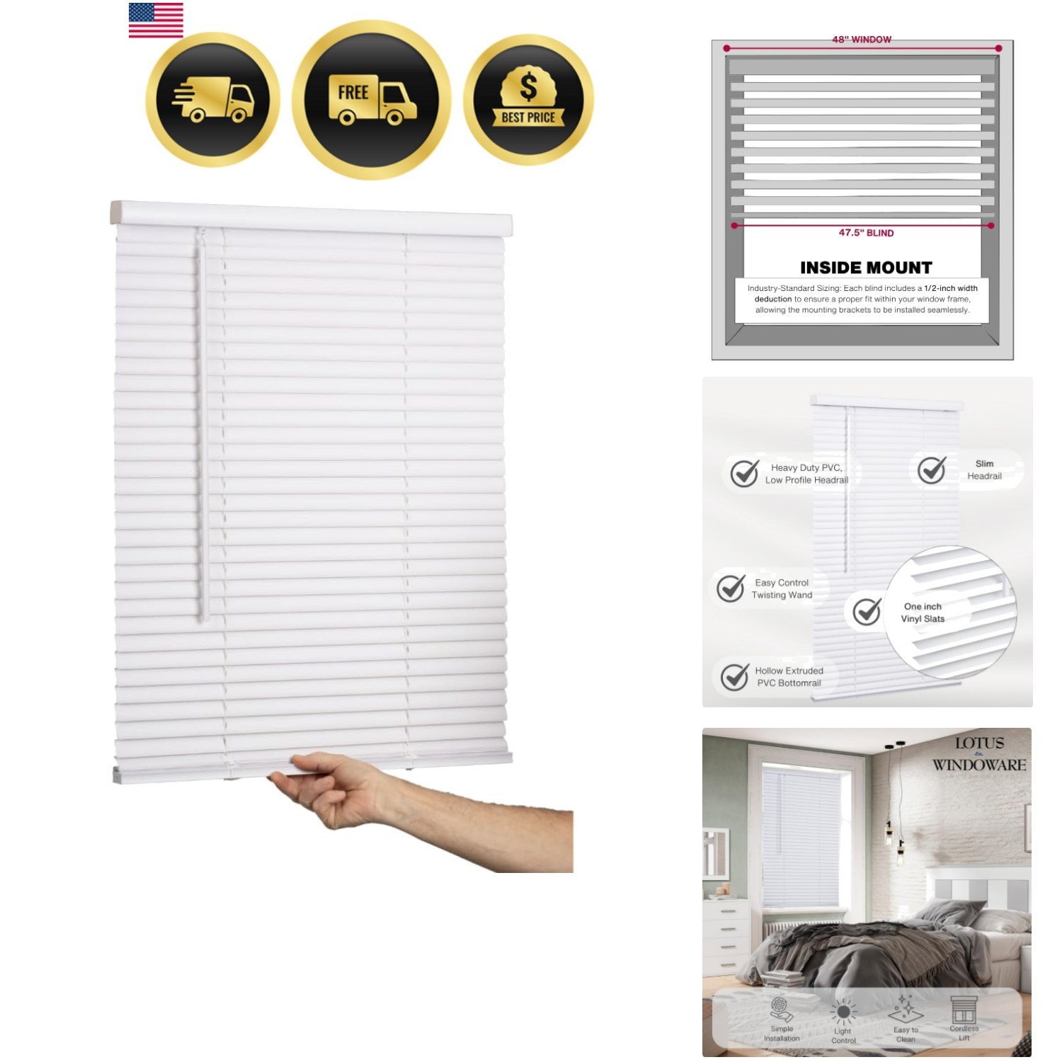 Cordless Mini Blind, 1″ Vinyl Slats, 48″ Wide x 48″ Long – White, Window Blin…