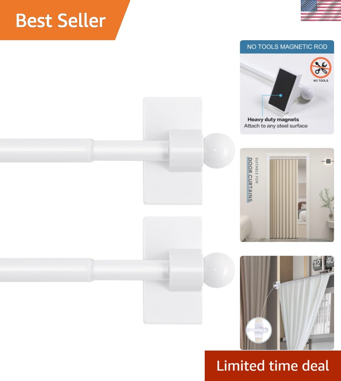 2 PACK Magnetic Curtain Rods for Metal Doors, 16 to 28 Inch, 1/2 Inch Diamete…
