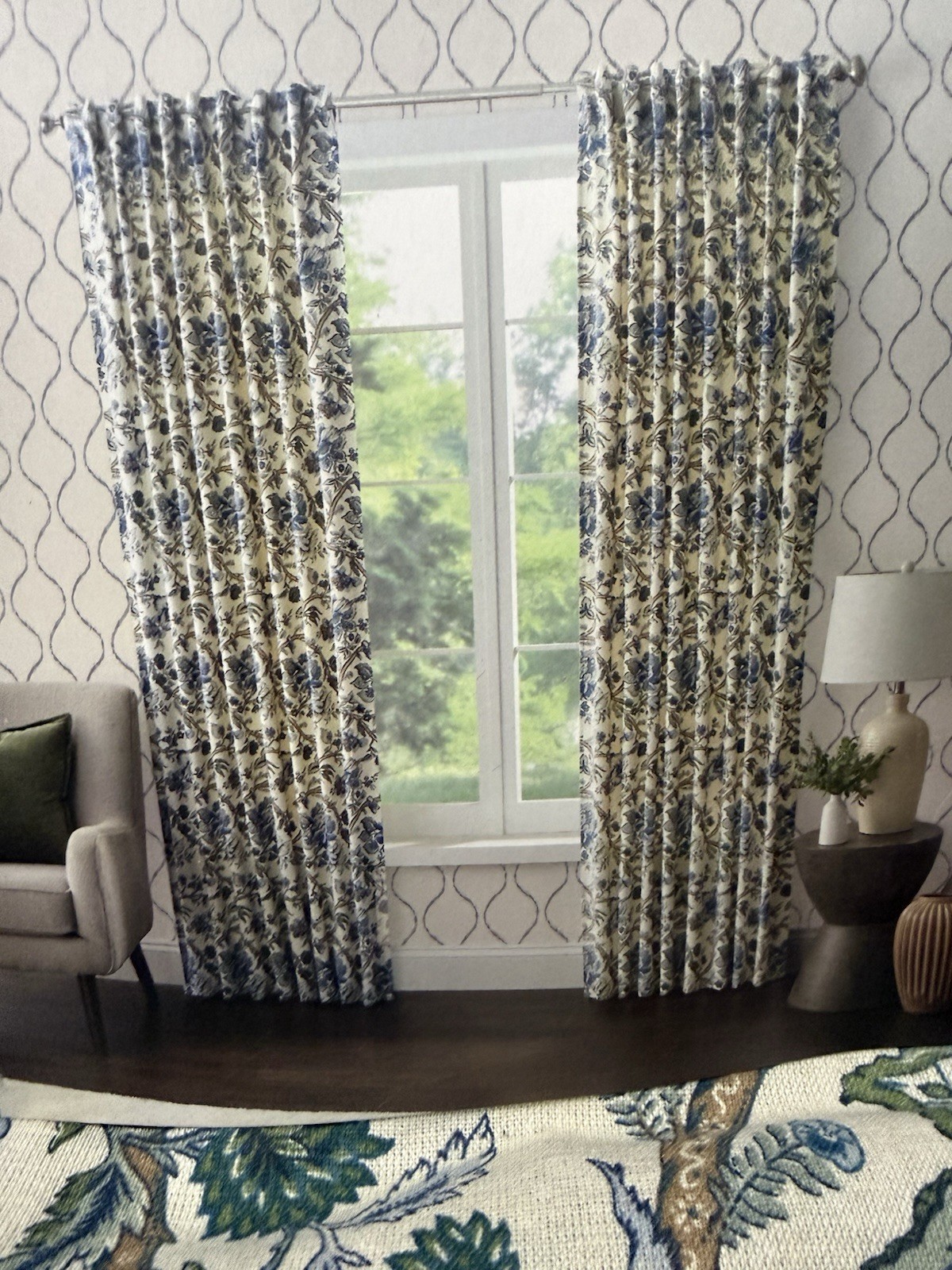 NWT Curated Kravet 2 pc Window Curtains Jacobean Floral Blue Cotton 50″ x 96″