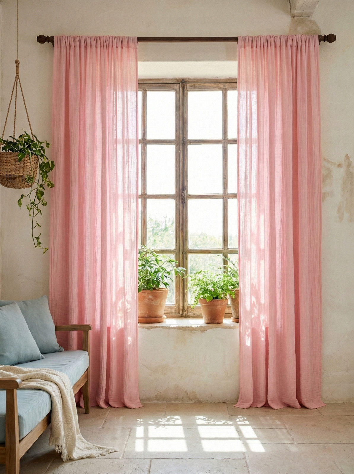 Peach Crinkled Muslin Window Curtain Living Room Living Room Drapes One Panel