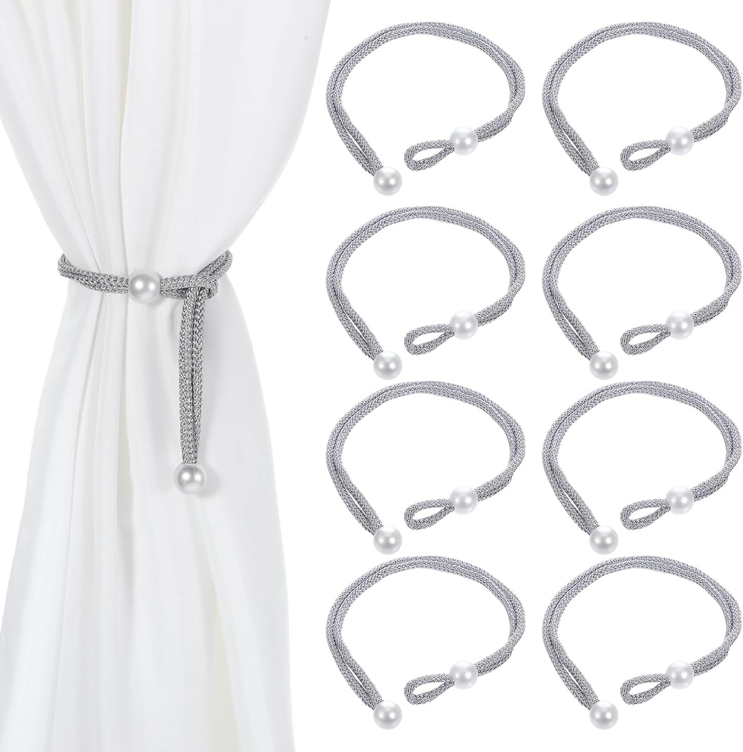 8pcs Curtain Tiebacks Adjustable Rope Tie Backs with Pearl Buckle for Drapes