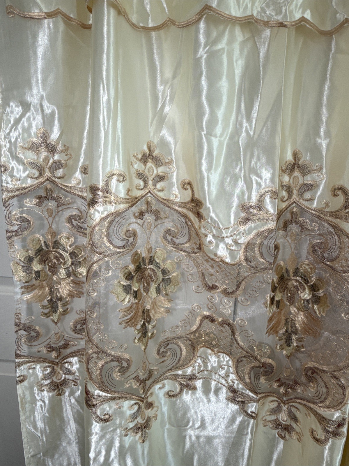 Drapes 2 Panels Beige w/ Attached Valance, Shimmer Satin, Sheer Lace 54 X 87”