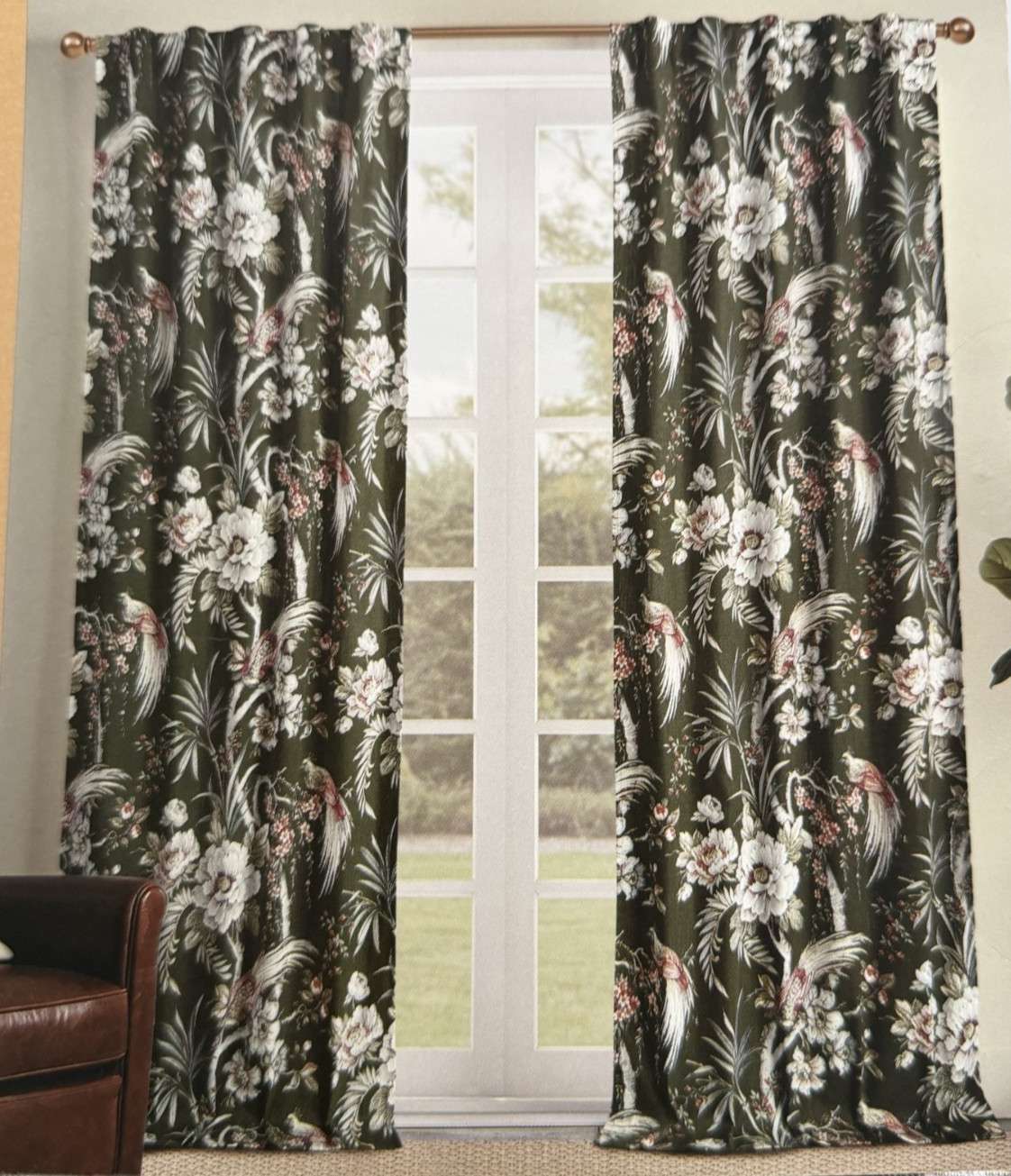 New Moss and Willow Floral Bird Drapes Curtains Panels 37″ x 96″ Set of 4