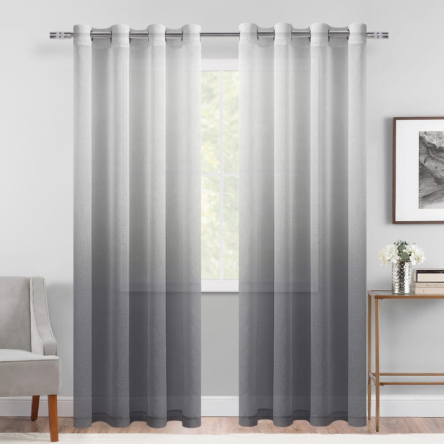Grey Ombre Sheer Curtains – Gradient Semi Voile Grommet Top Window Curtains f…
