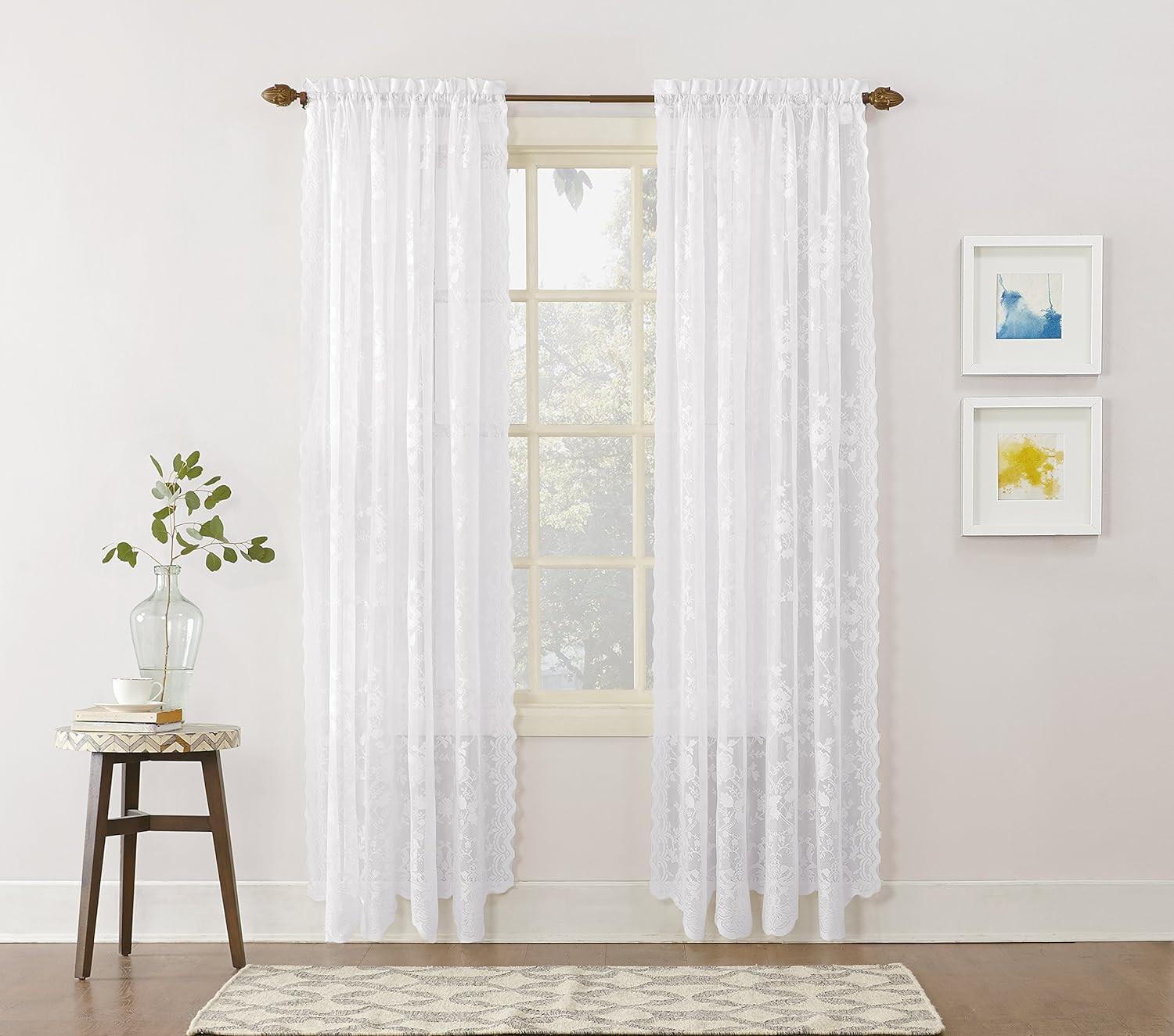 Alison Floral Lace Sheer Rod Pocket Curtain Panel, 58″ X 72″, White