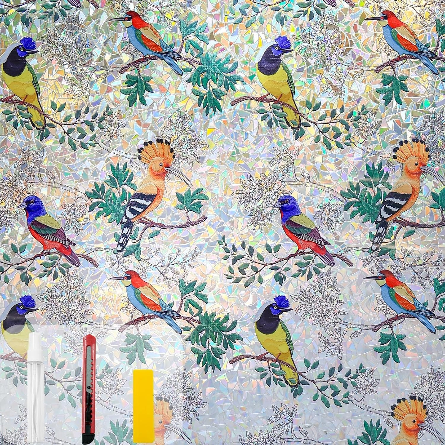 Colorful Bird and Floral Window Privacy Film Stained Glass Window Rainbow
