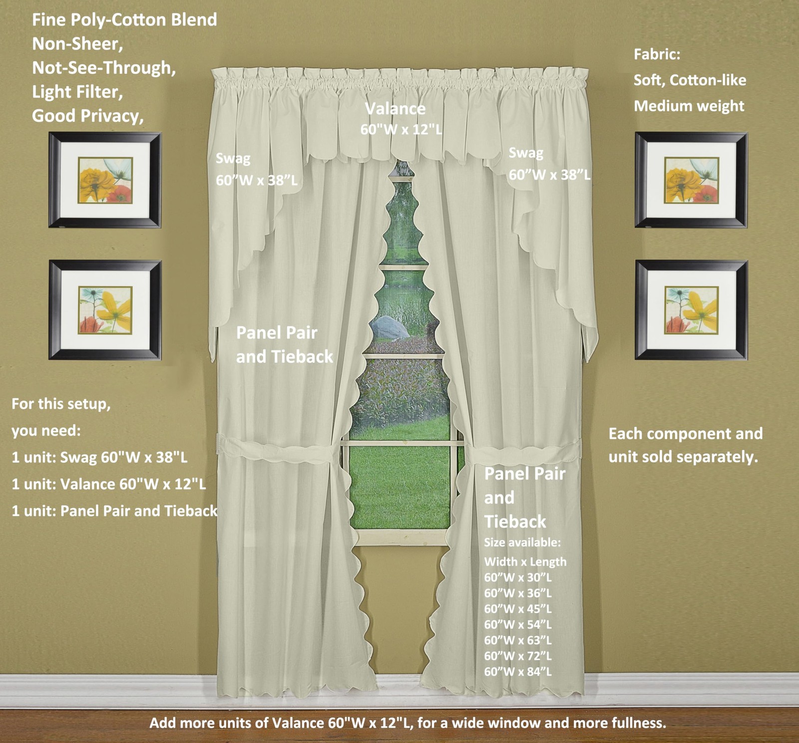 Today’s Curtain, Orleans Scallop Curtain, Ecru 63″ Panel Pair and Tieback,4Pi…