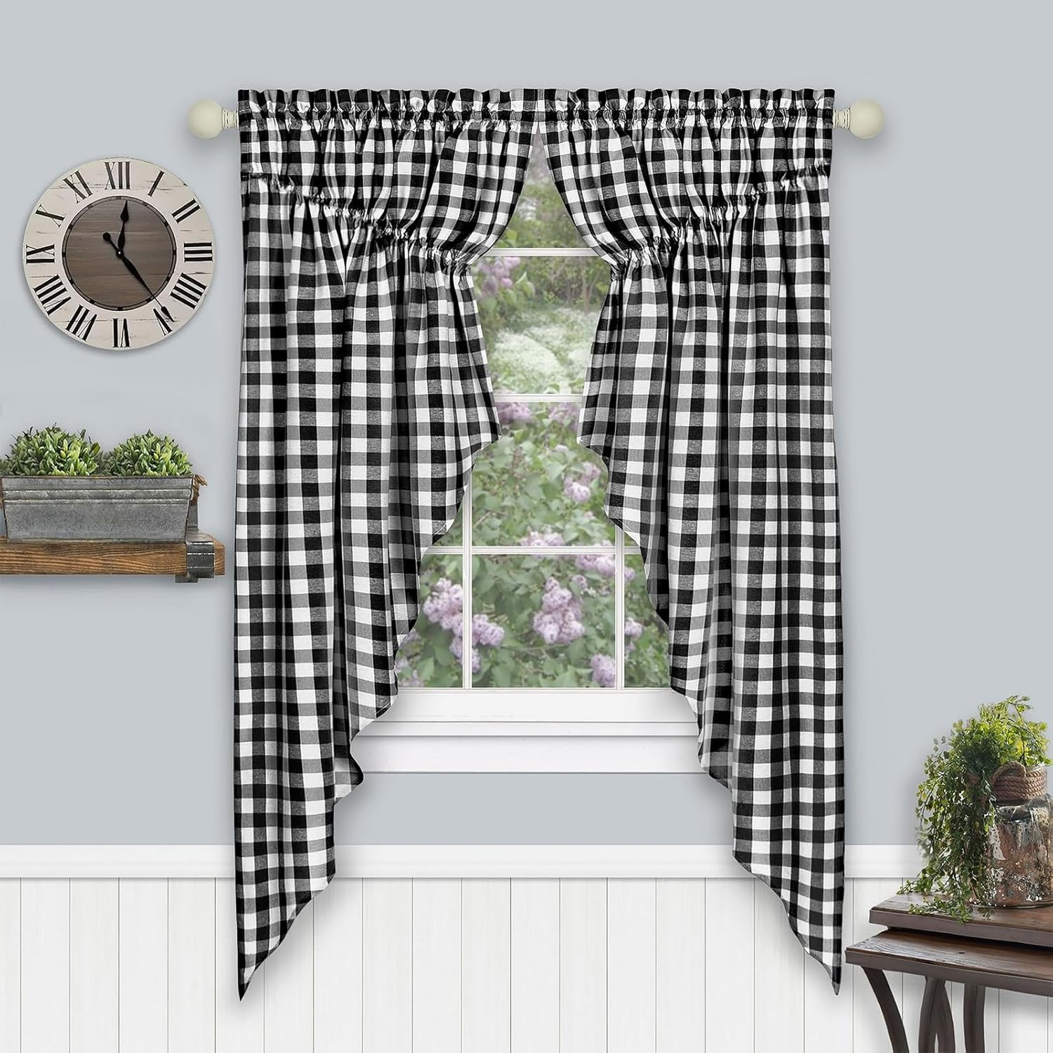Buffalo Check Gathered Swag Window Curtain Pair – 72 Inch Width, 63 Inch Length