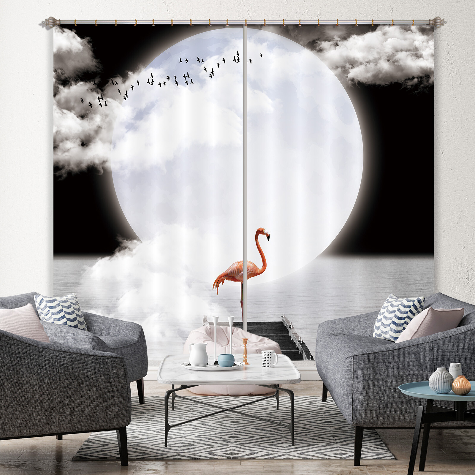 3D Moon Flamingo ZHUA3619 Animal Photo Curtain Window Blockout Fabric Amy 2023