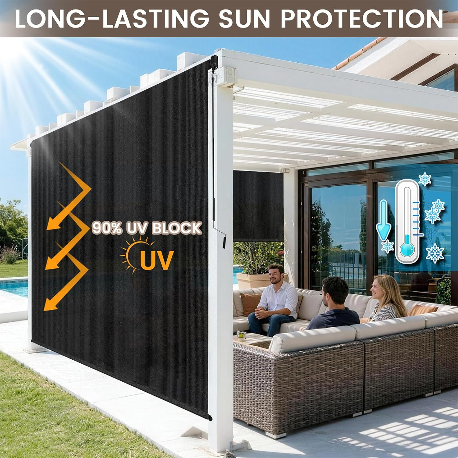 Outdoor Roller Shades for Patio, 8′ W X 8′ H Cordless Patio Shades Roll up Outdo