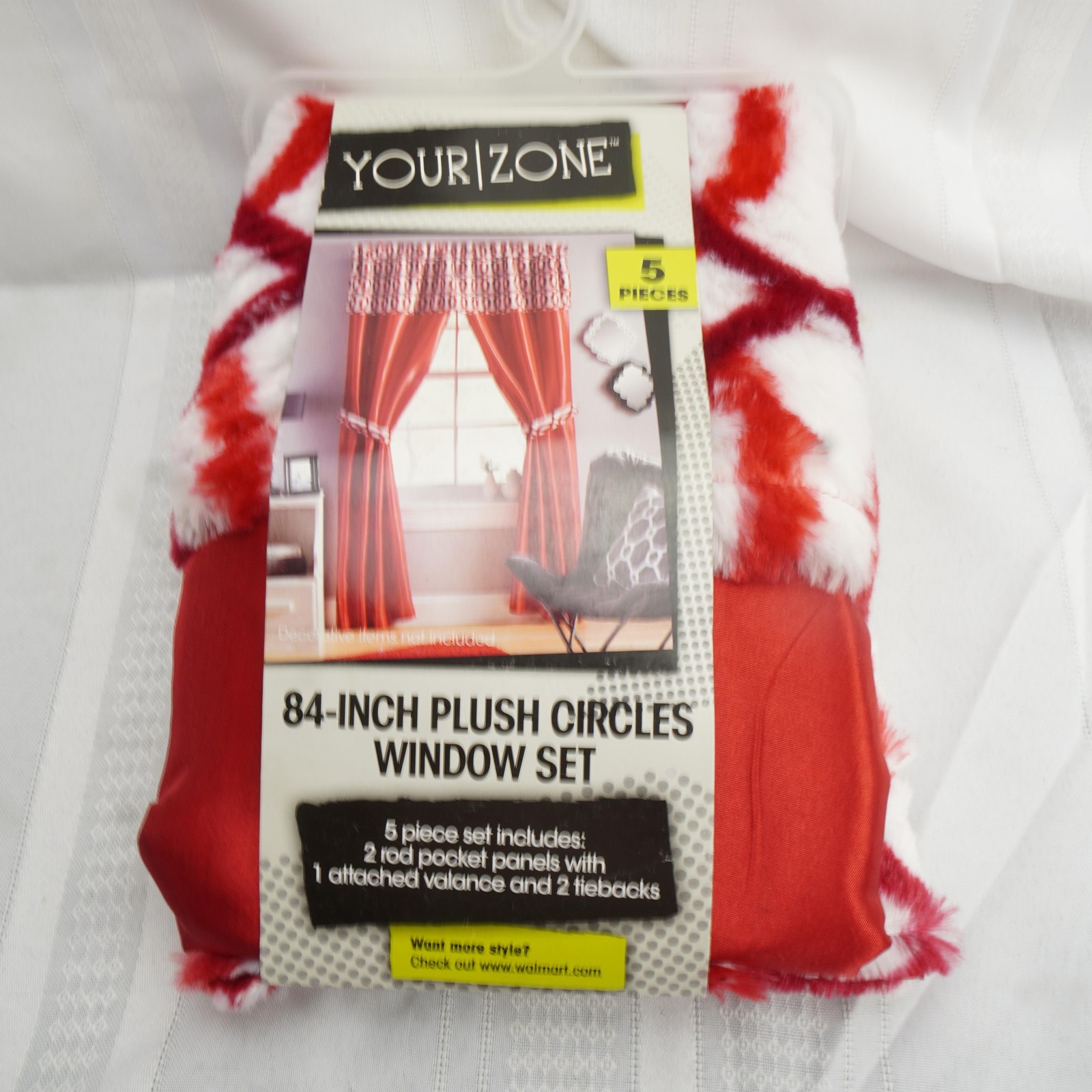 Your Zone 84-Inch Plush Circles Window Set 5 Piece Red Curtains Valance Tiebacks