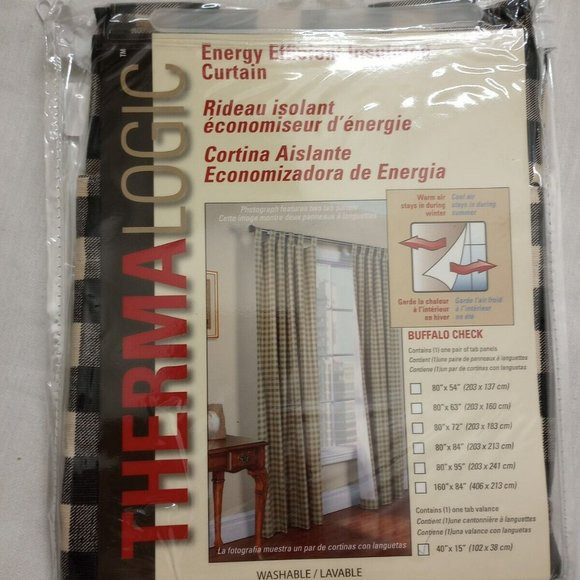 Thermalogic Check Tab-Top Valance Curtain, 15″L x 40″W – black plaid NEW