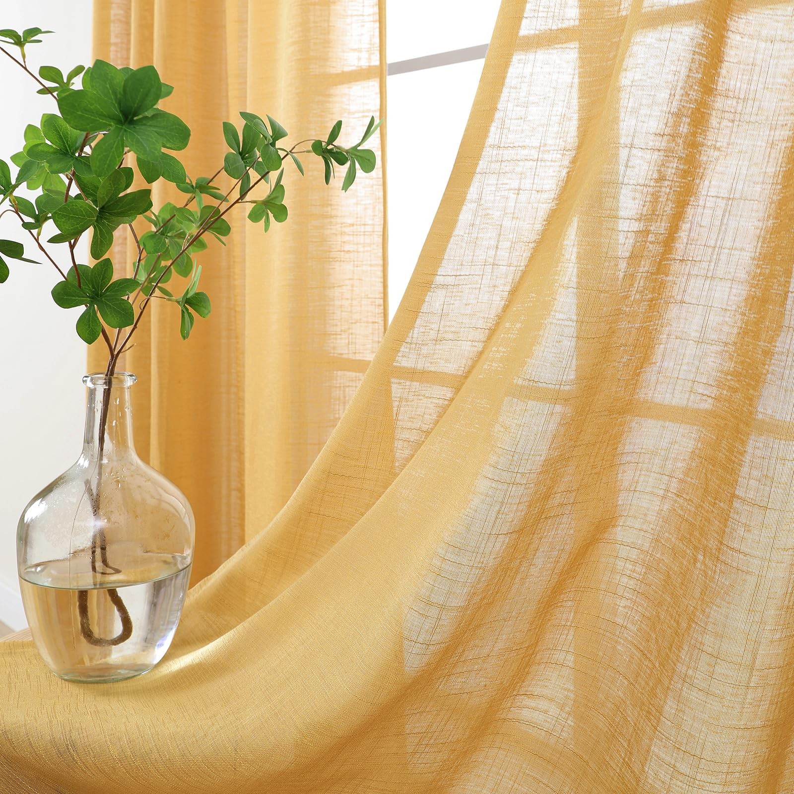 L.Z.E Gold Sheer Curtains 108 Inches Long Living Room 2 Panels Set Linen Look