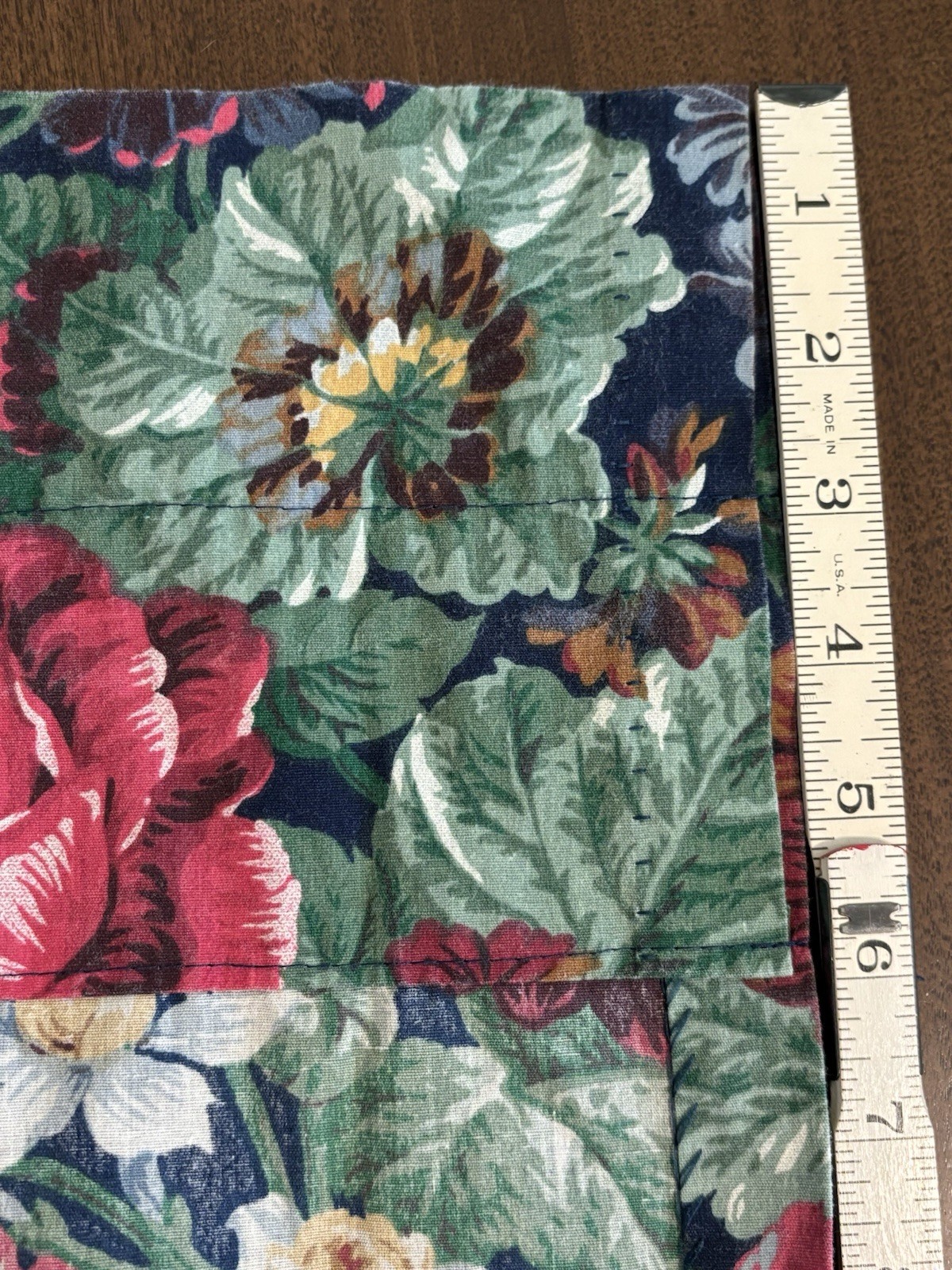 VTG 90s Curtain Panel Floral Ruffle LEFT side Navy Green Vibrant 45″W x 84″L EUC