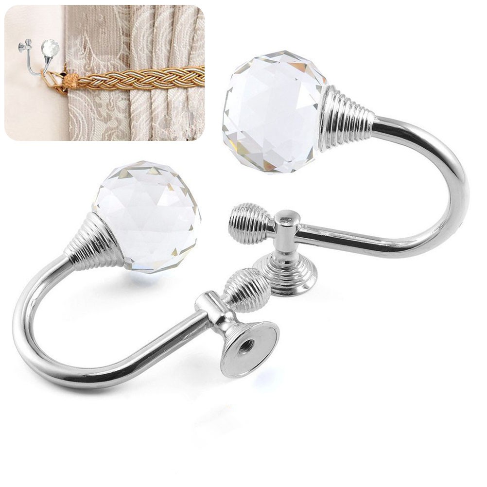 2Pcs Crystal Curtain Holdbacks Silver Wall Mounted Hooks Reusable Multi Use