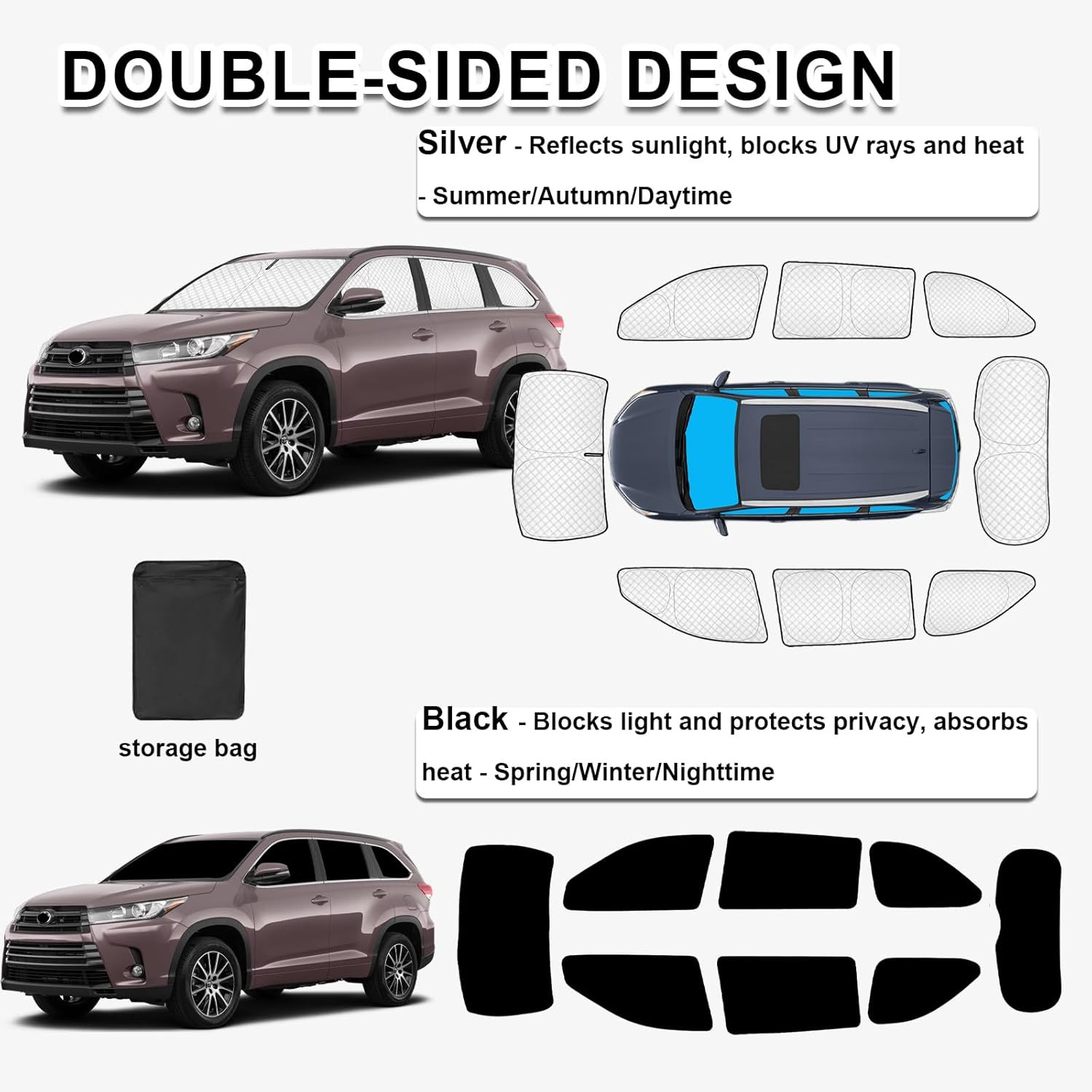 8Pcs Thicken Sun Shades for Toyota Highlander 2014-2019 Accessories,Custom Full