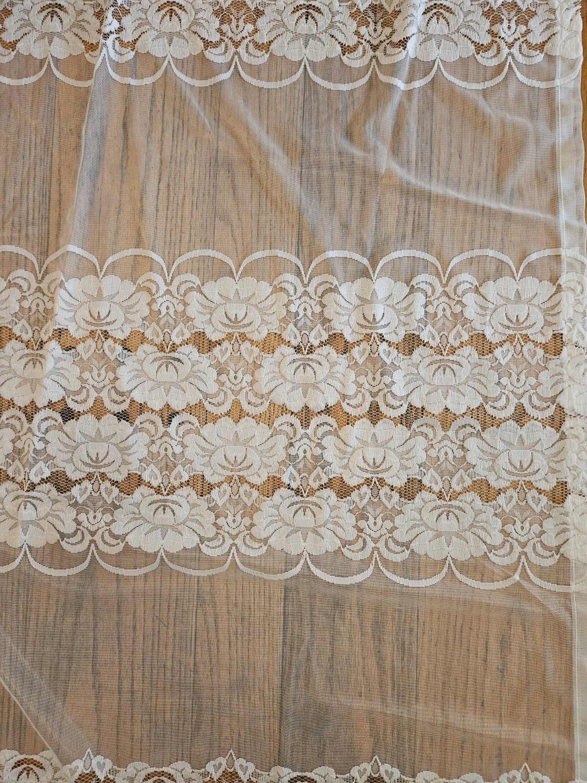Vtg Sheer Ecru Floral Lace Rod Top Scalloped Edge Curtian Panels (3) 55″x79.5″