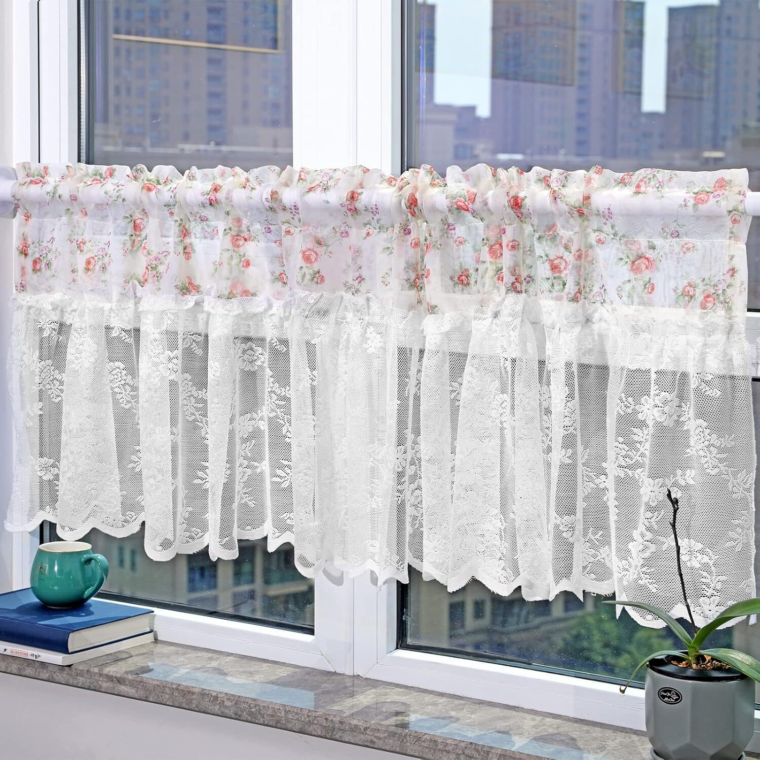 White Floral Rose Lace with Pastoral Flowers Sheer Curtain Valance, 1 Panel