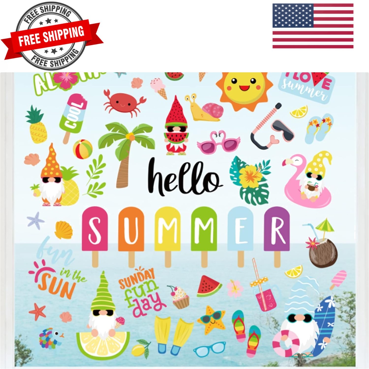 9 Sheets Summer Window Clings Cartoon Gnome Ice Lolly Prints Double-Sided Win…