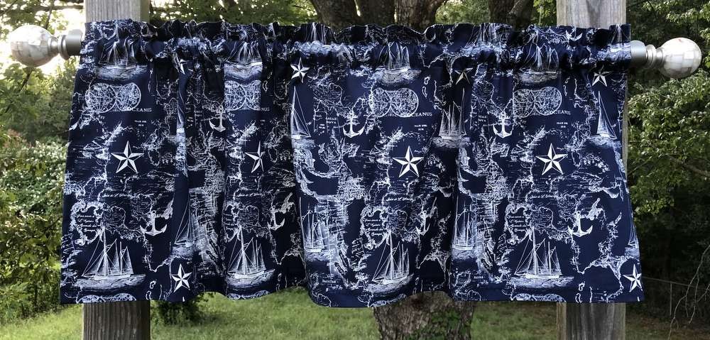 Nautical Map Valance – Navy Anchor Kitchen Curtain – Vintage Coastal Beach House