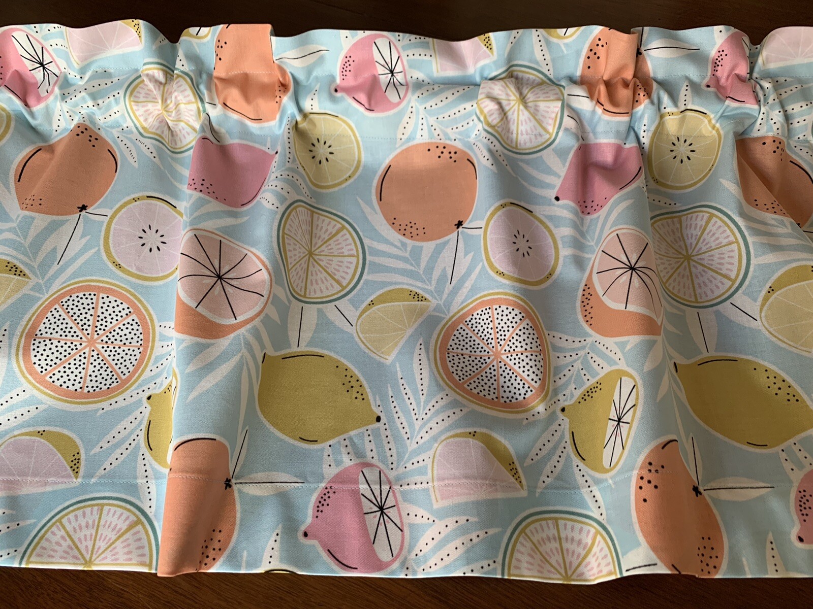 Modern, Contemporary Blue Kitchen Valance with Lemons, Grapefruit, Limes. New
