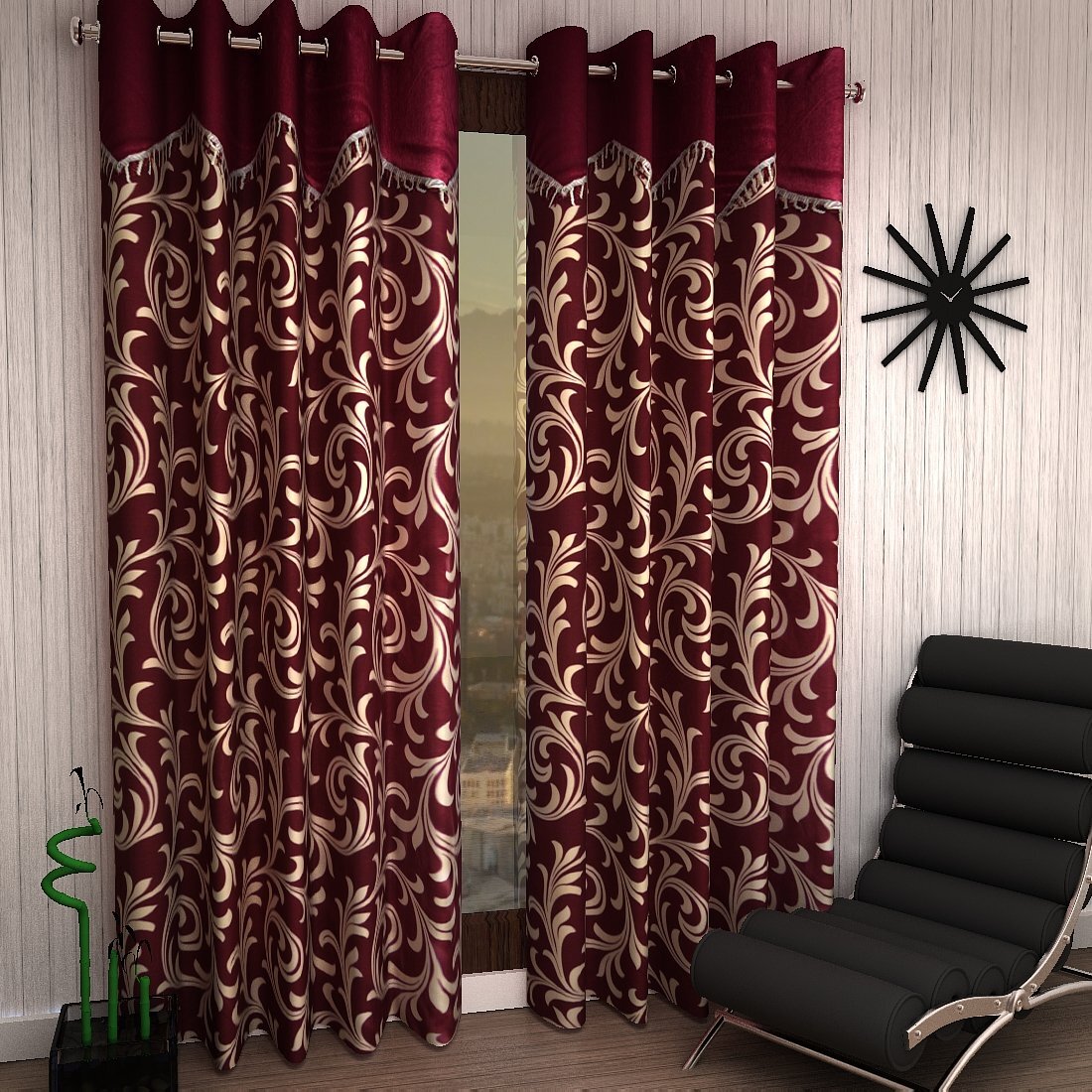 2 Piece Premium Eyelet Polyester Scroll Frill Door Curtains 7Ft – Maroon