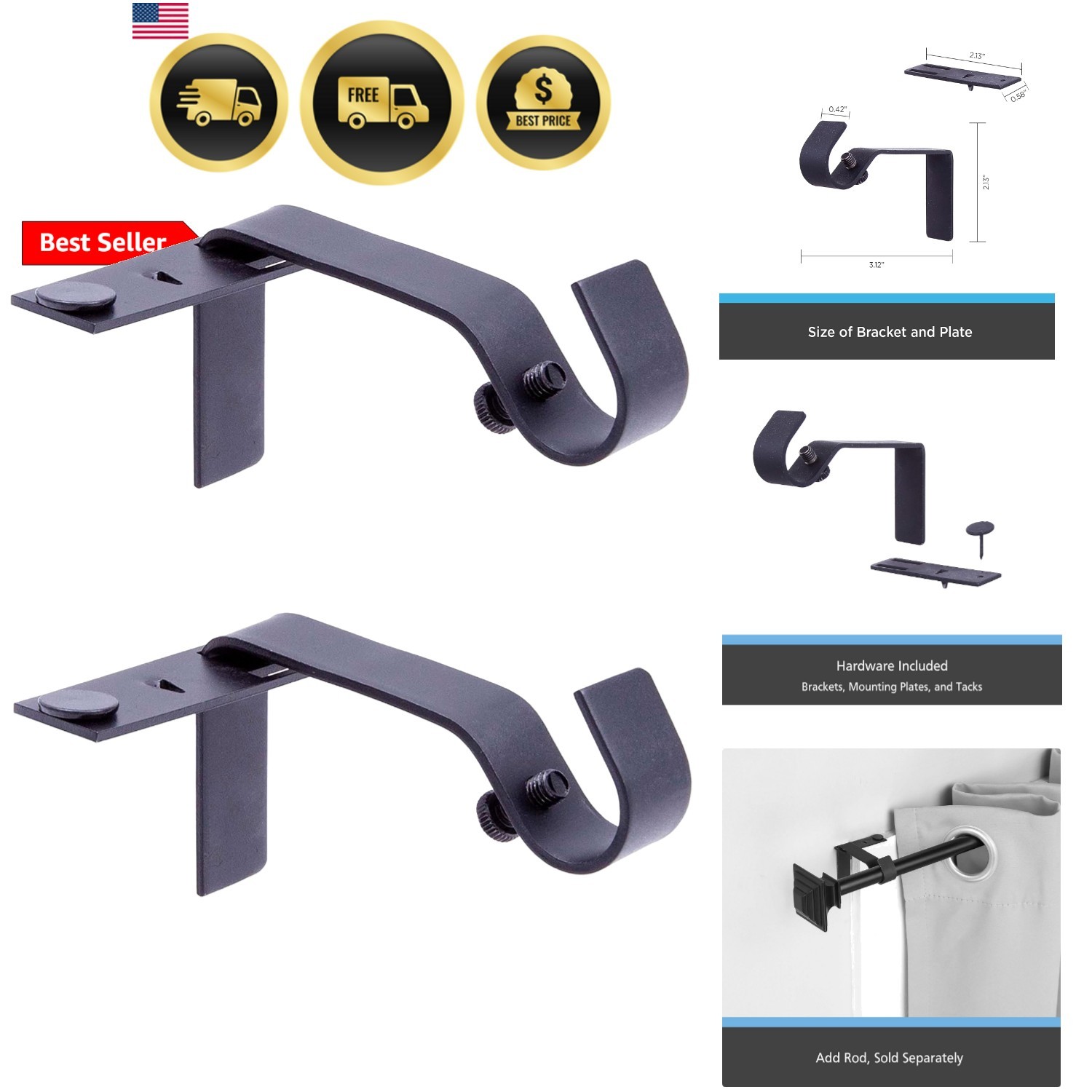 Fast Fit 5/8″ No Measure Curtain Rod Brackets, Matte Black