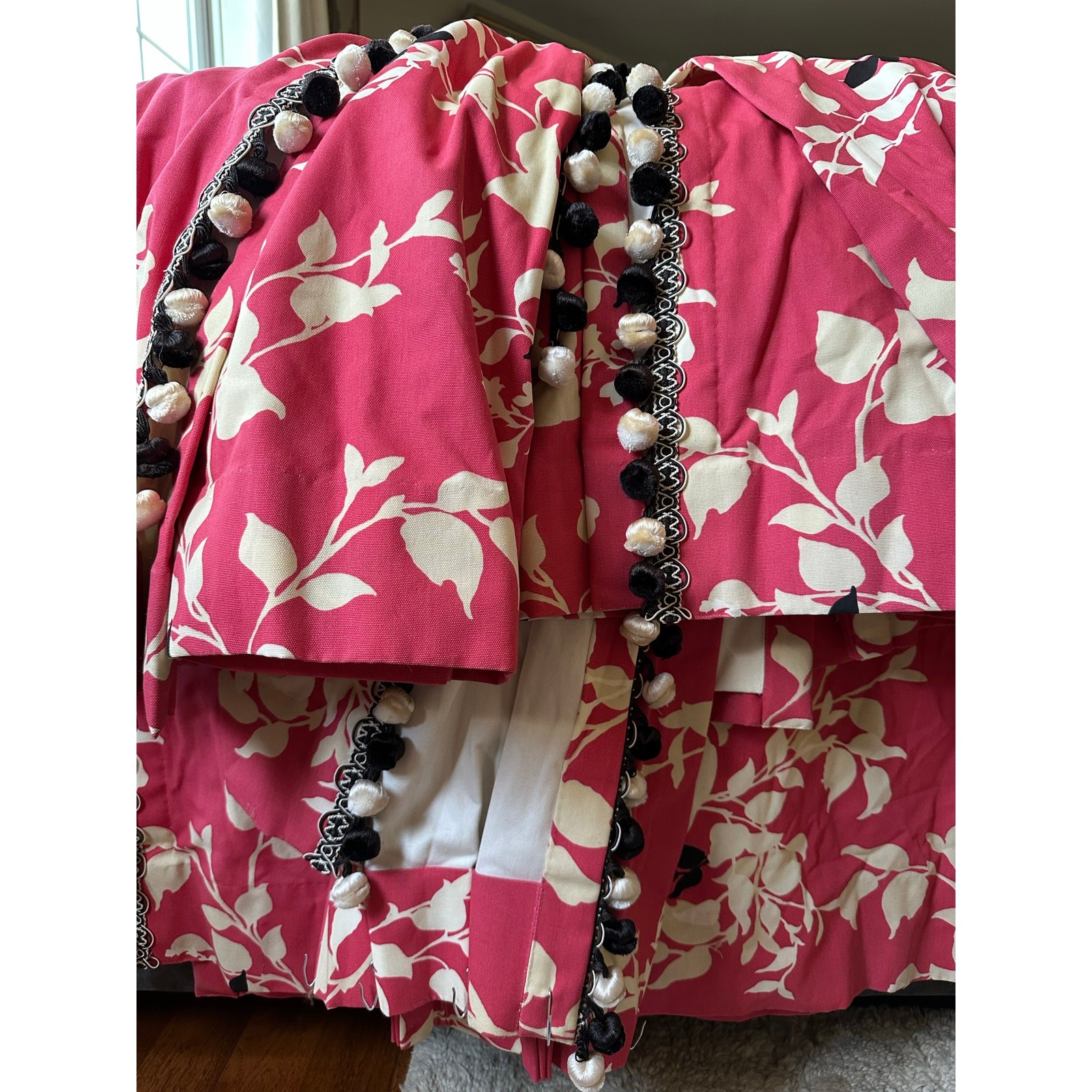2 Custom Pair drapes pink Black White Curtains Pink Pom Poms luxury set pleated