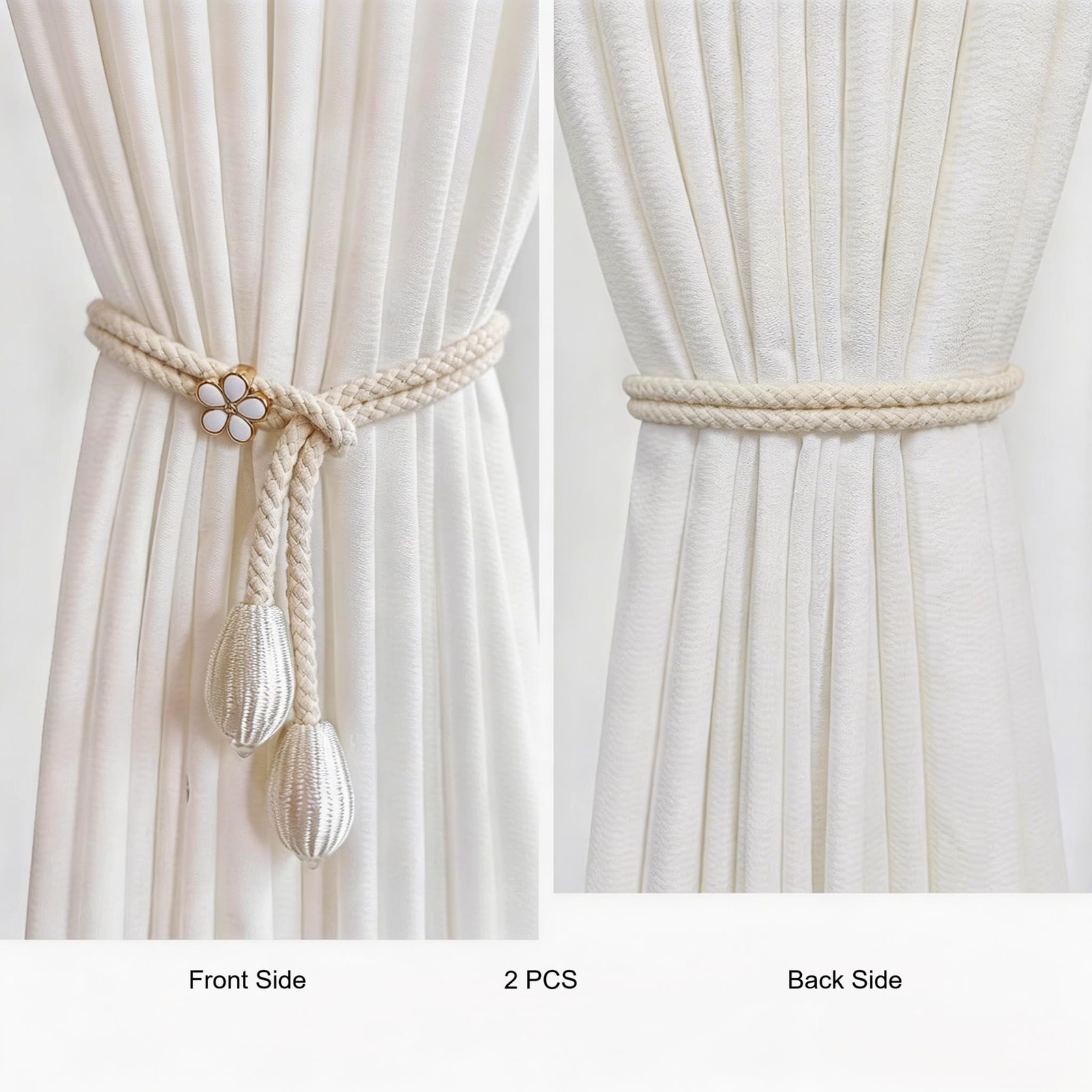 2 Pack White Cotton Curtain Tiebacks Handmade Farmhouse Curtain Holdbacks, Cu…