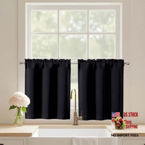 24″ Black Cafe Curtains – Light Blocking 30″W x 24″L – Pack of 2