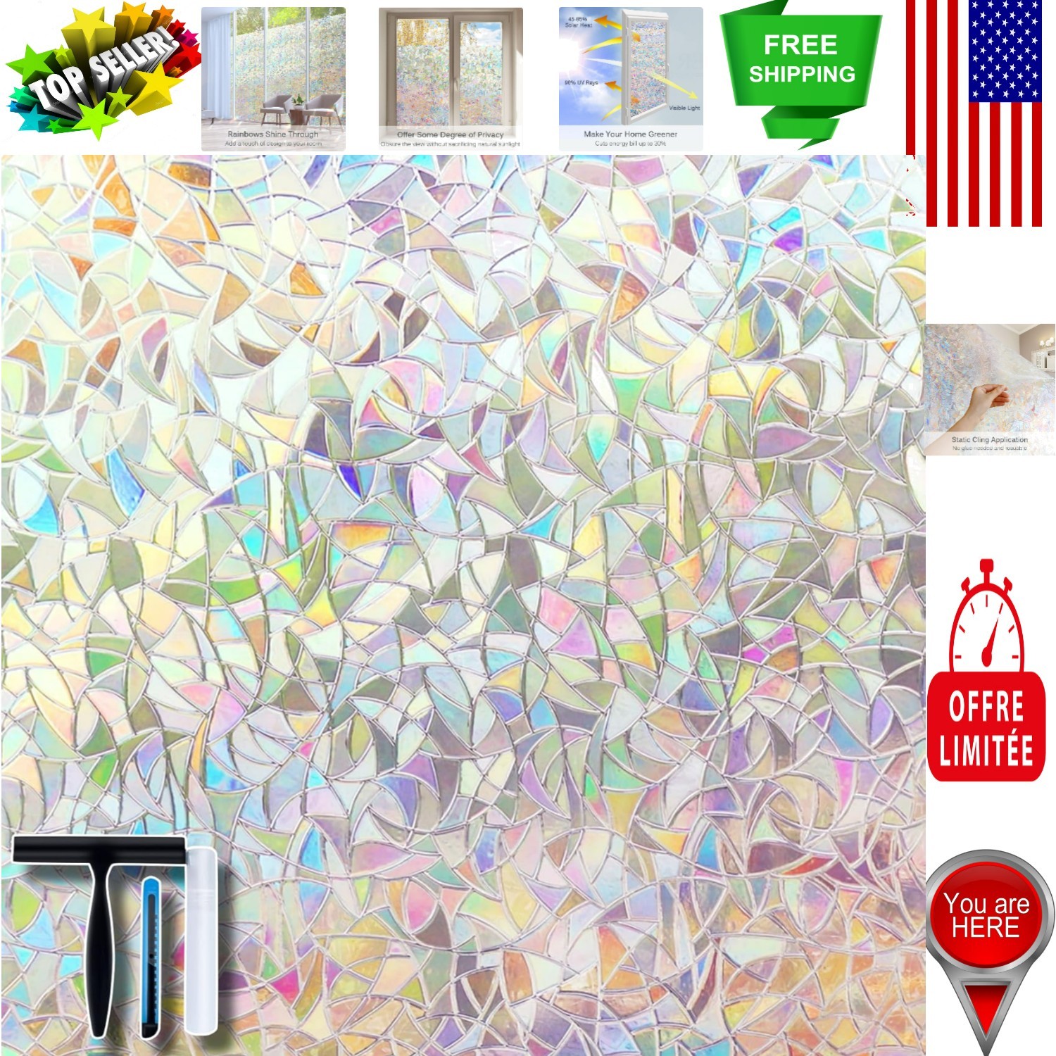 Static Cling Rainbow Window Film for Privacy & Heat Control – 17.5 x 78.7 Inches