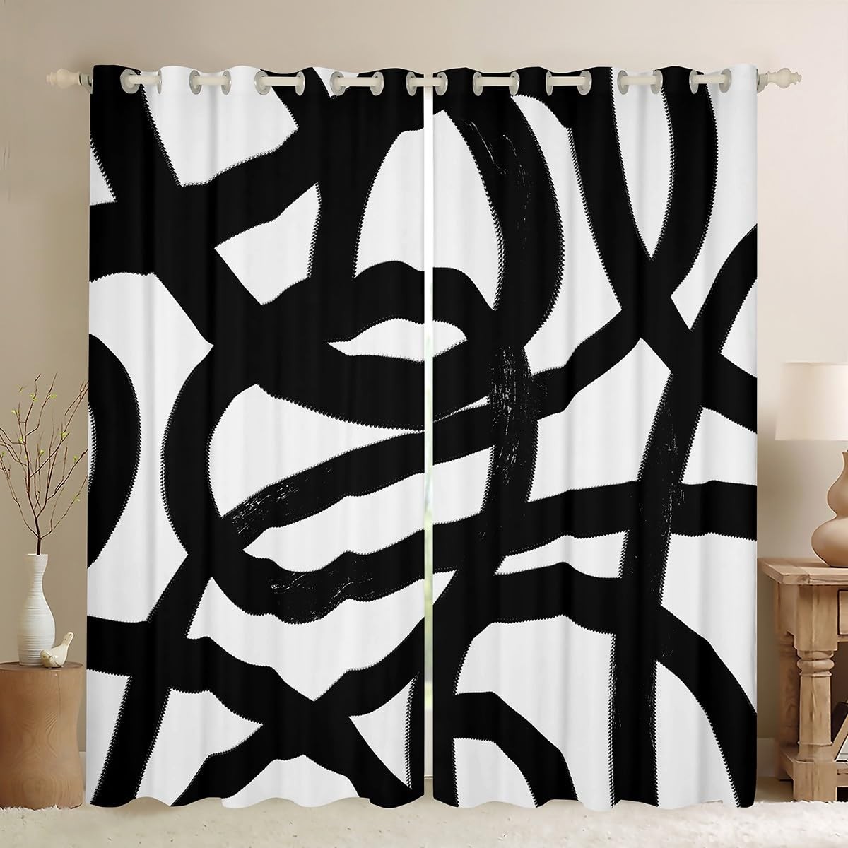 Boys Girls Black and White Striped Blackout Shades Abstract Art Window Drapes…