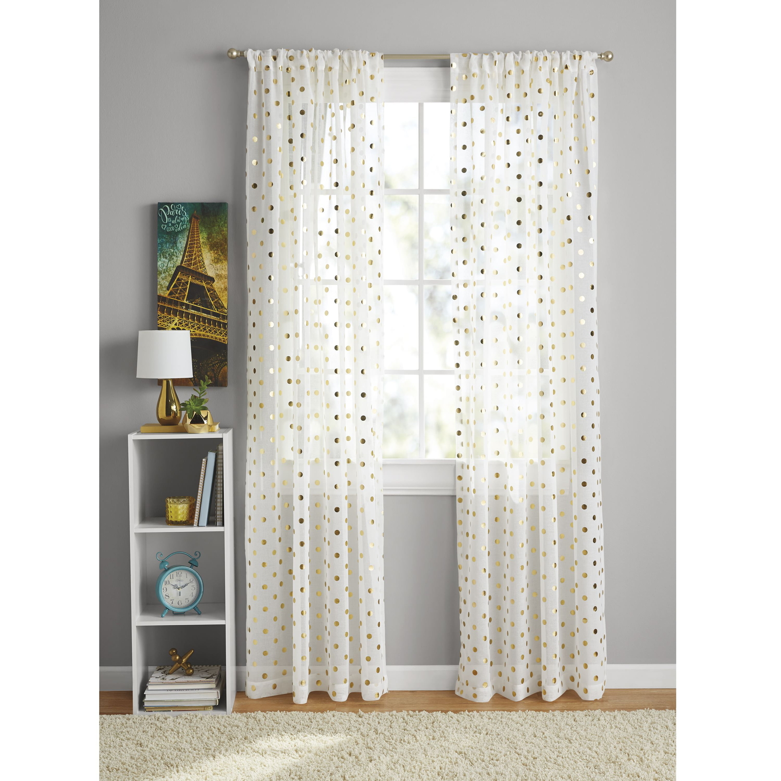 Your Zone Gold Metallic Dot Single Curtain Panel, 50″ W x 84″L