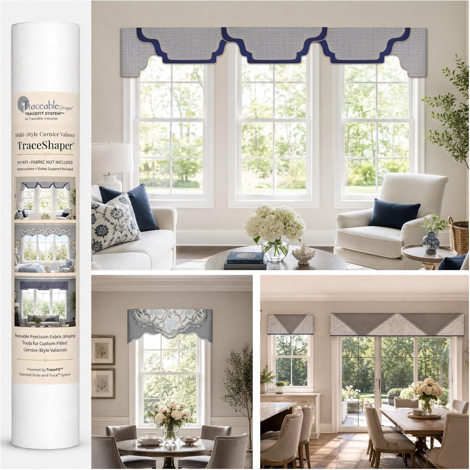 Multi-Style Cornice Valance Kit, No-Sew Scalloped, Arched & Straight Styles,