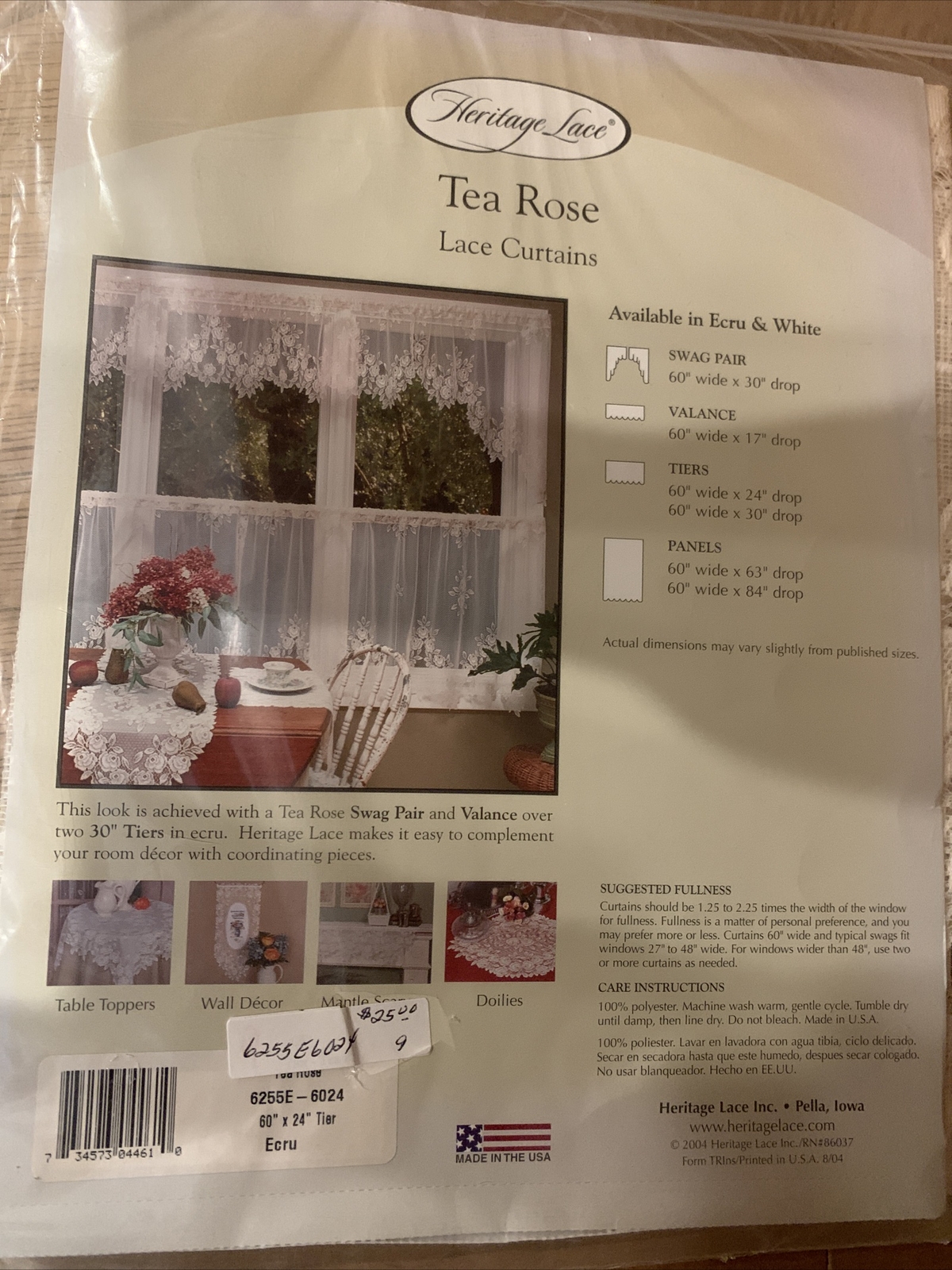 HERITAGE LACE CURTAINS TEA ROSE 60″ X 24″ TIER ECRU (BEIGE) NEW MADE IN THE USA