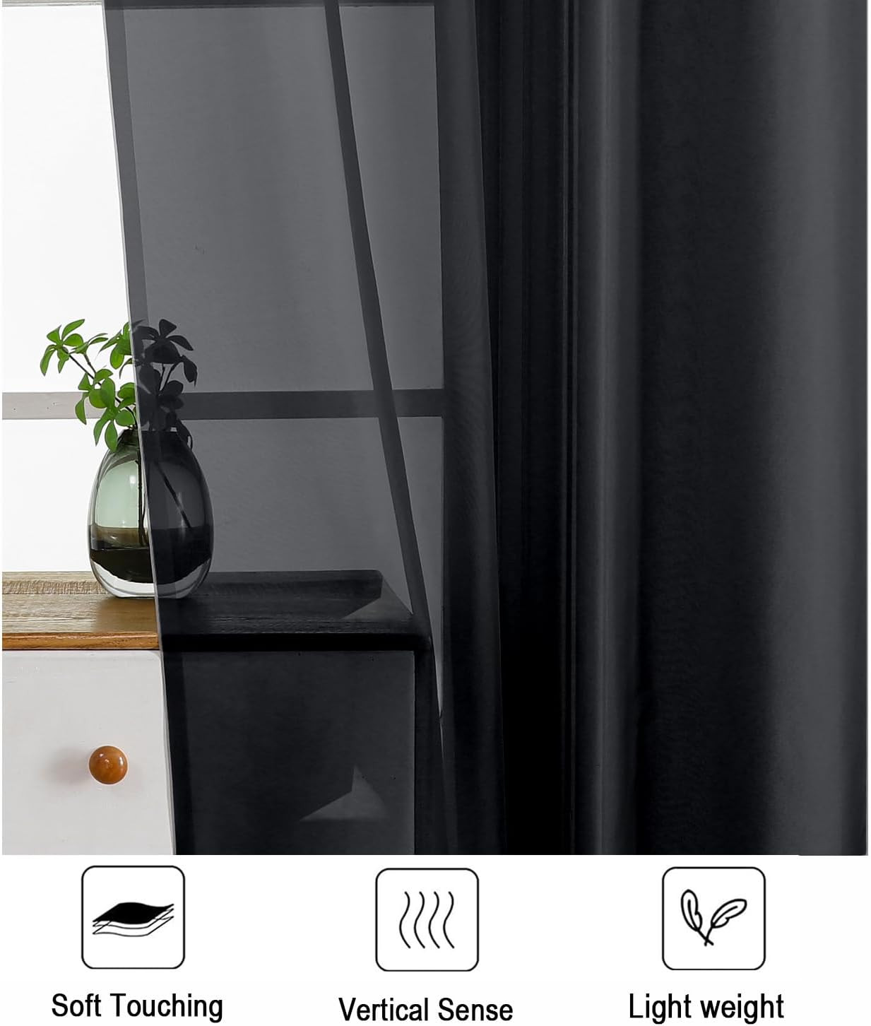 Black Sheer Curtains 54 Inch Length for Bedroom – Light Filtering Short Curtains