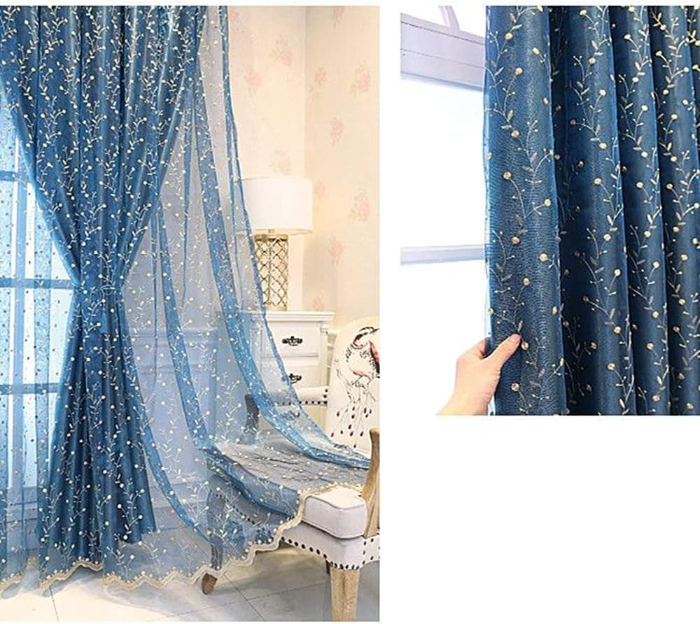 Royal Blue Double Layer Flower Curtains with Cherry Pattern, 54×96 Inch